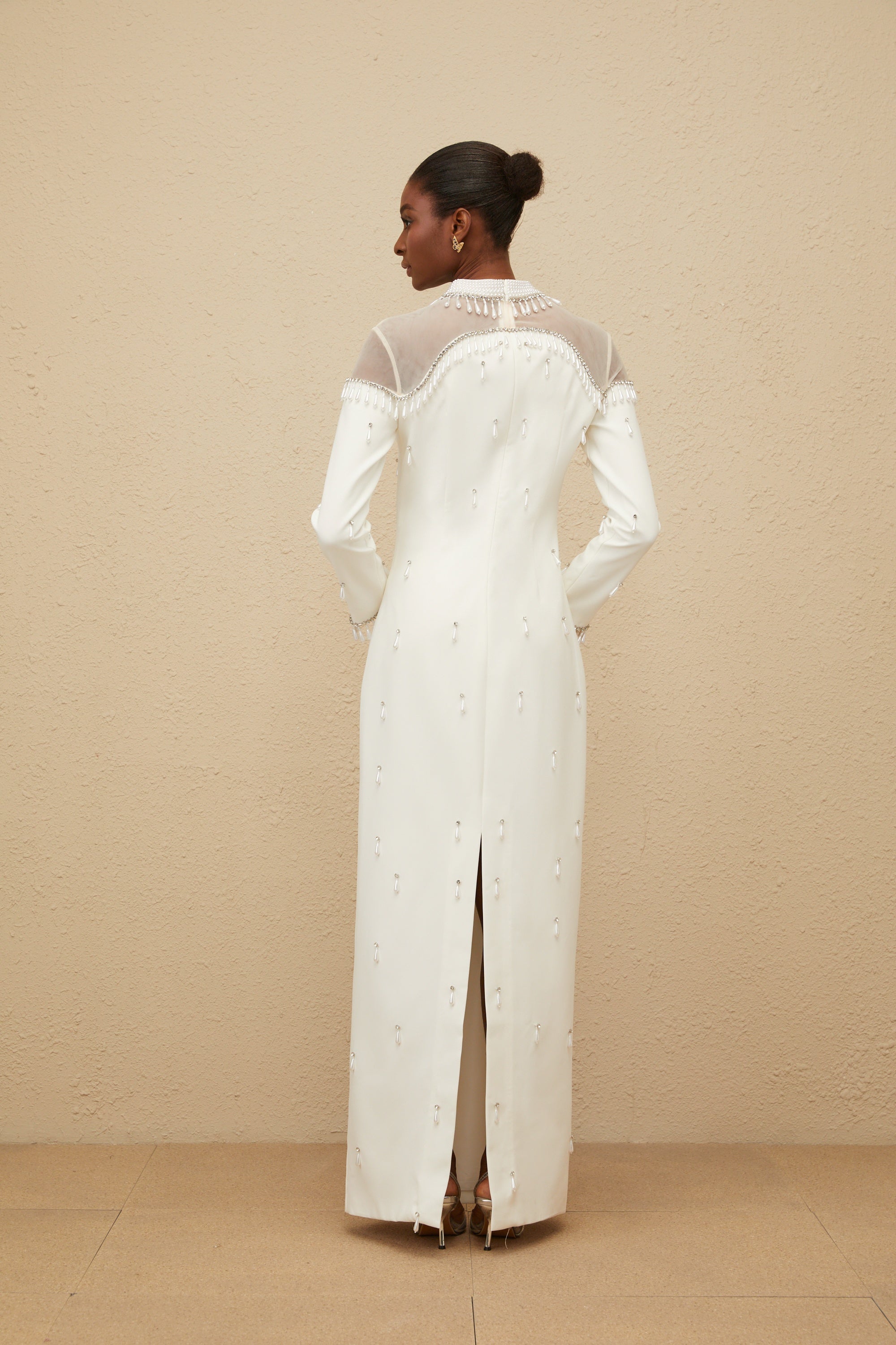 Céline White Embellished Evening Maxi Gown