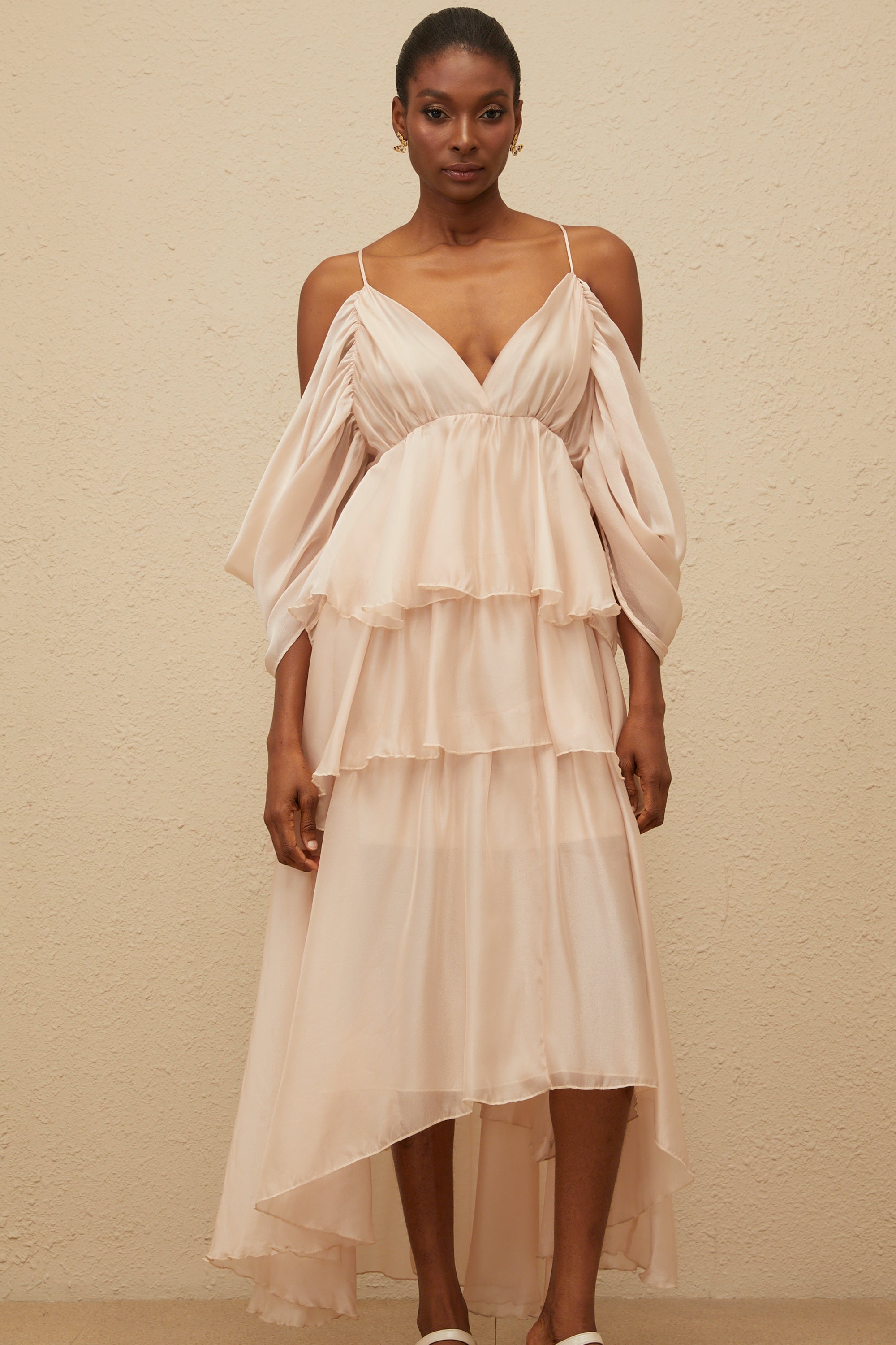 Laurine Asymmetrical Ruffled Tiered Midi Dress