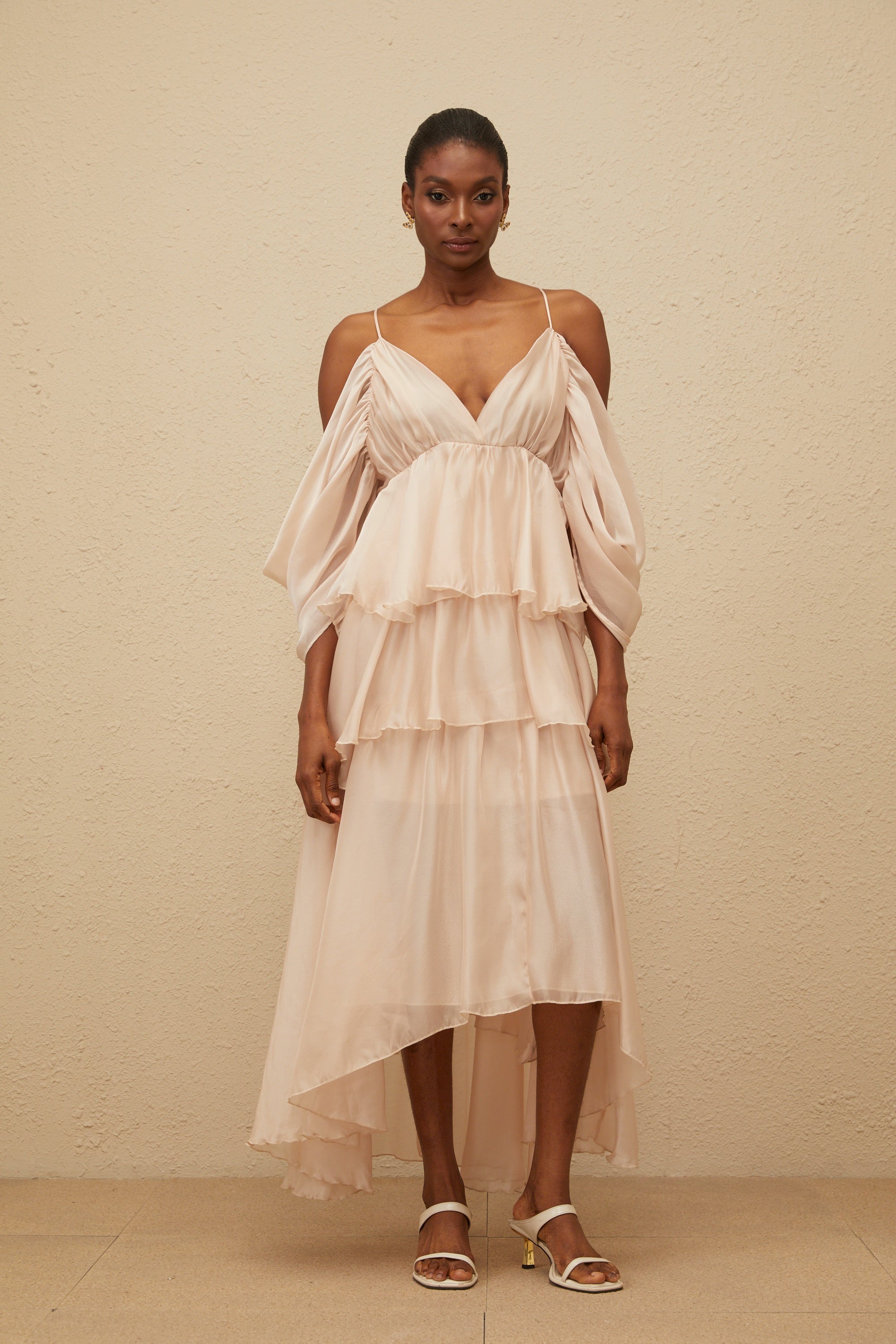 Laurine Asymmetrical Ruffled Tiered Midi Dress