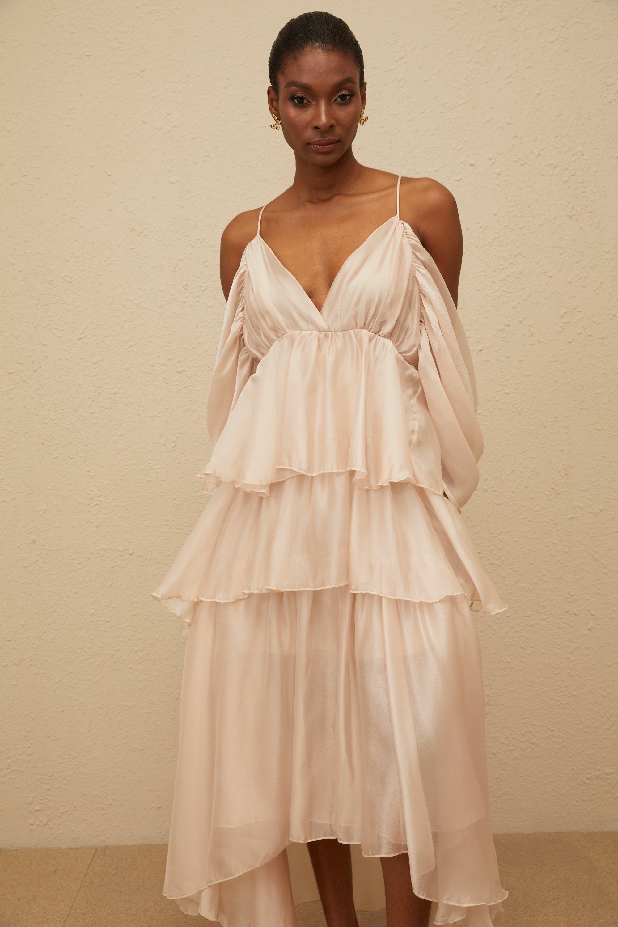 Laurine Asymmetrical Ruffled Tiered Midi Dress