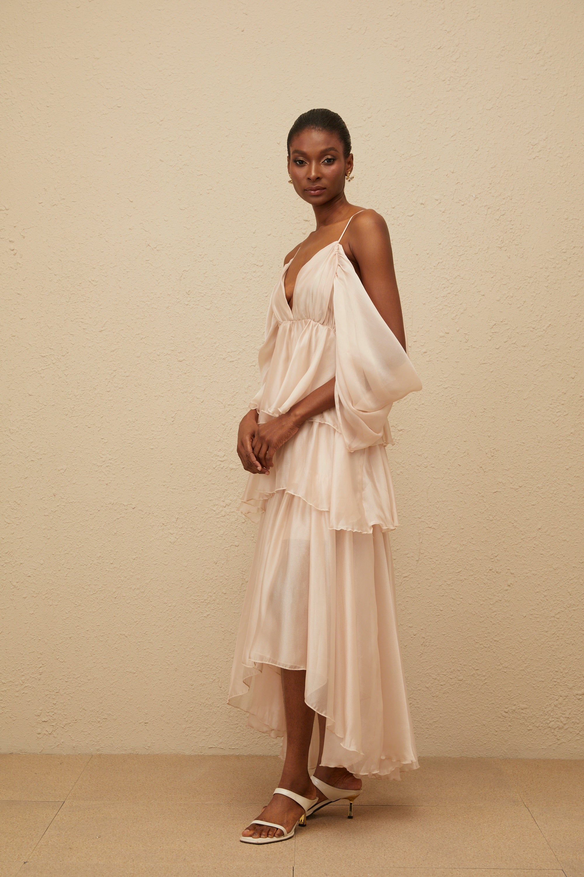Laurine Asymmetrical Ruffled Tiered Midi Dress