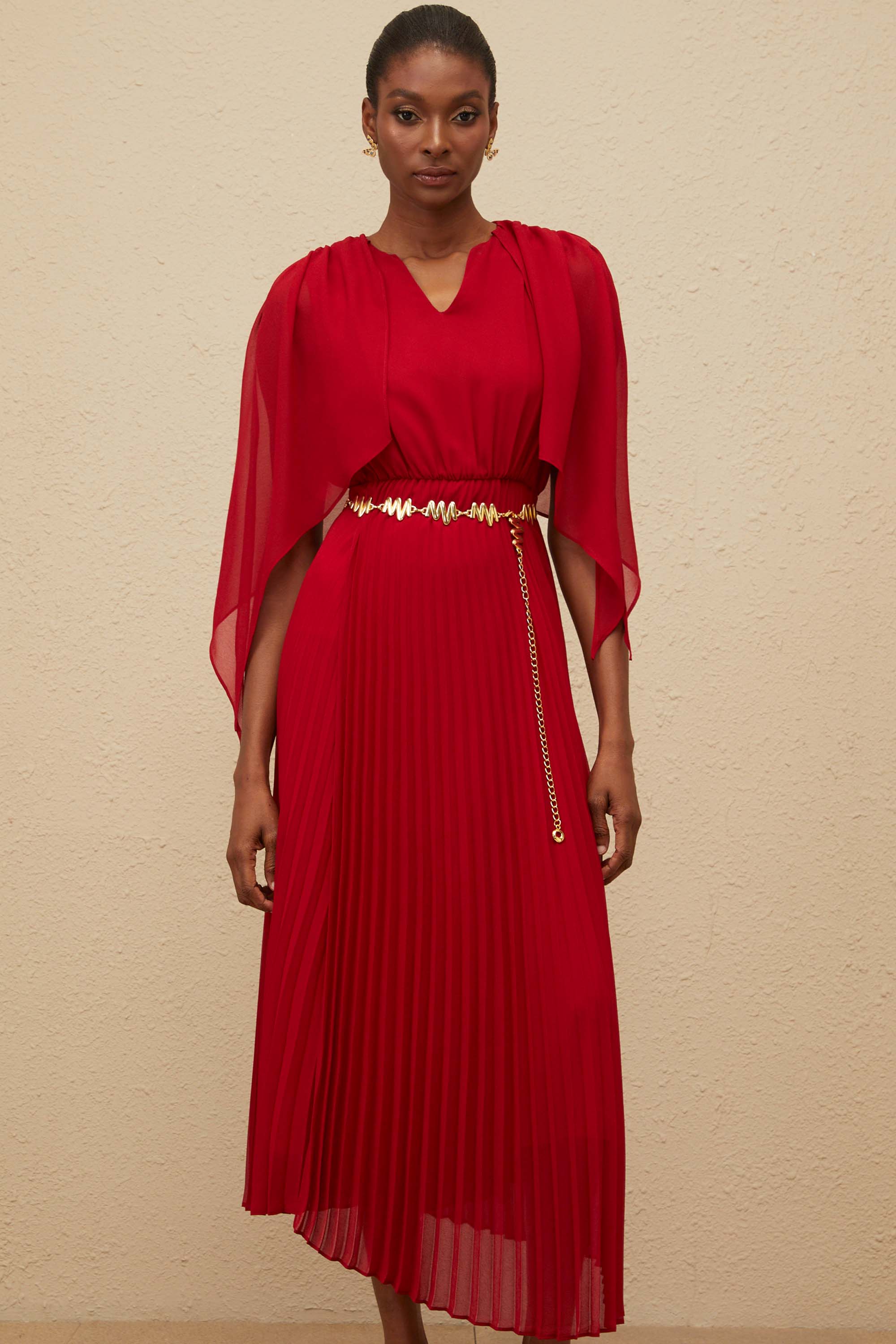 Émilie Red Pleated Maxi Dress with Cape Detail