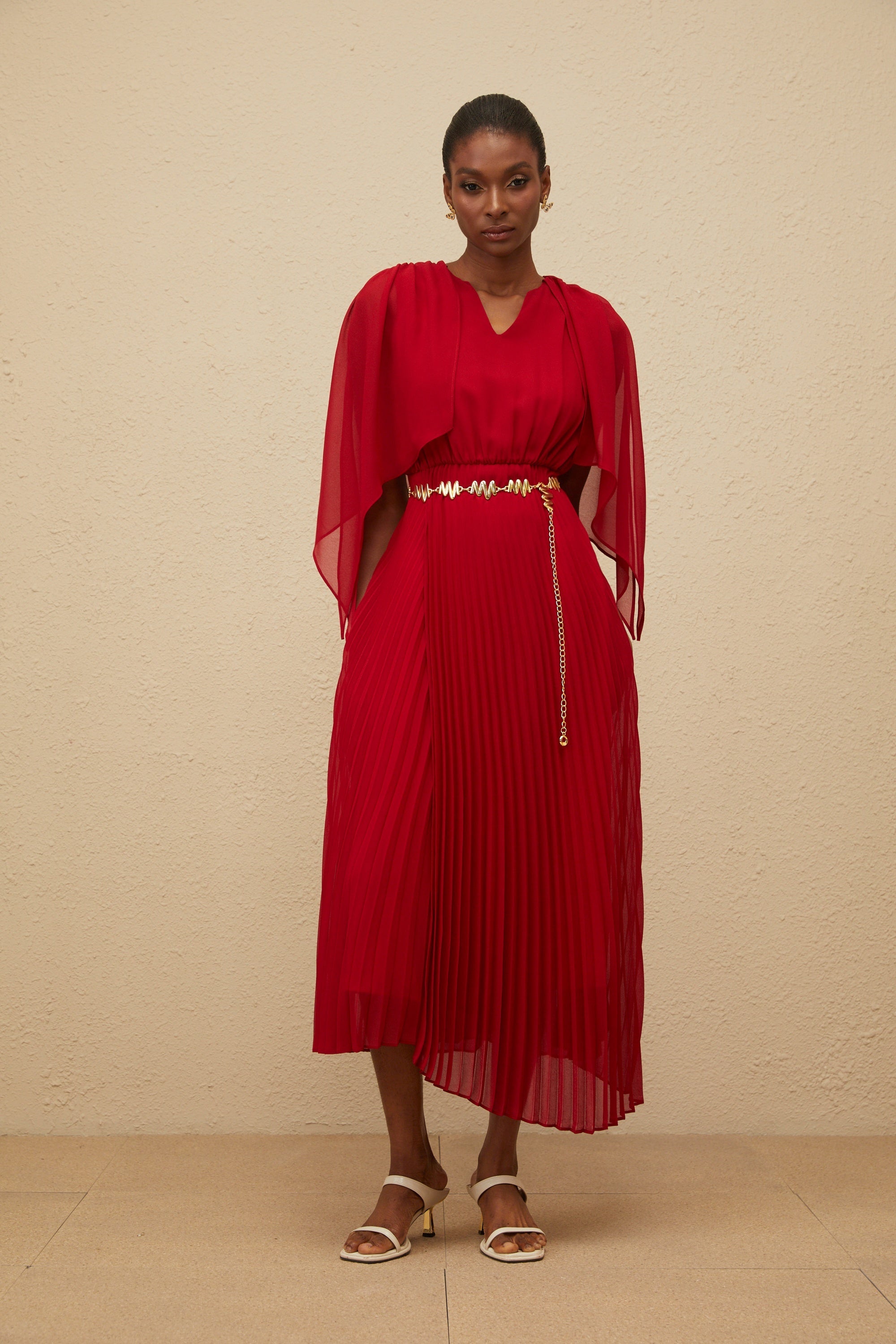 Émilie Red Pleated Maxi Dress with Cape Detail