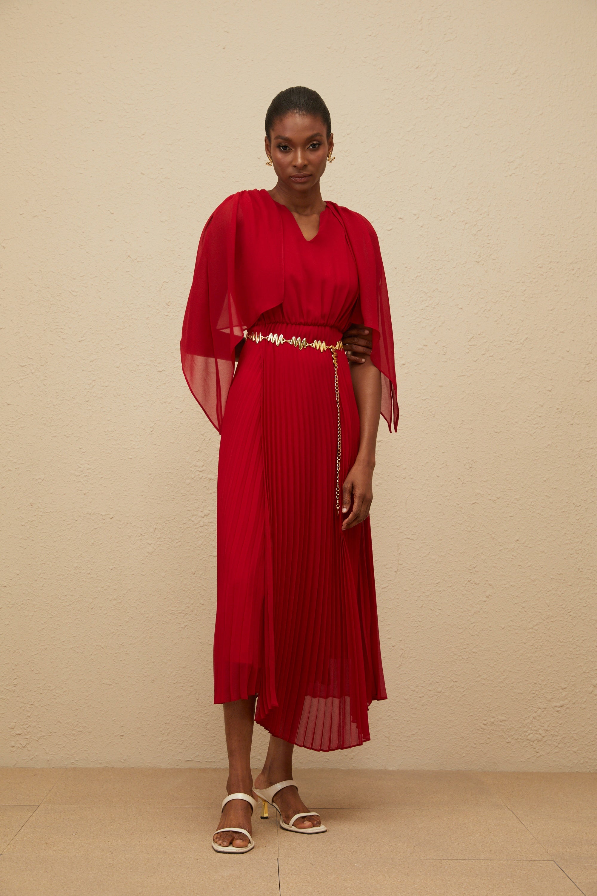 Émilie Red Pleated Maxi Dress with Cape Detail