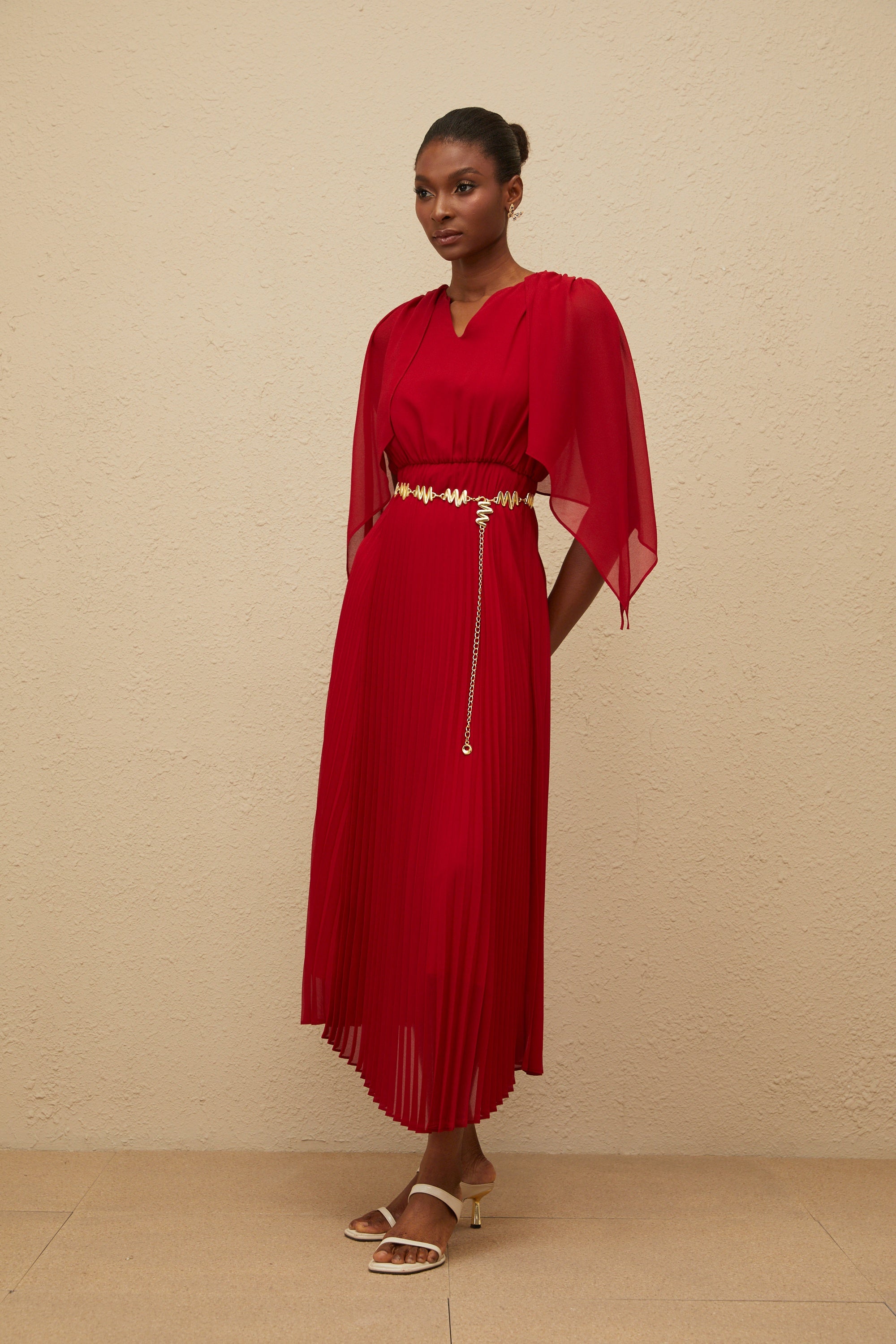 Émilie Red Pleated Maxi Dress with Cape Detail