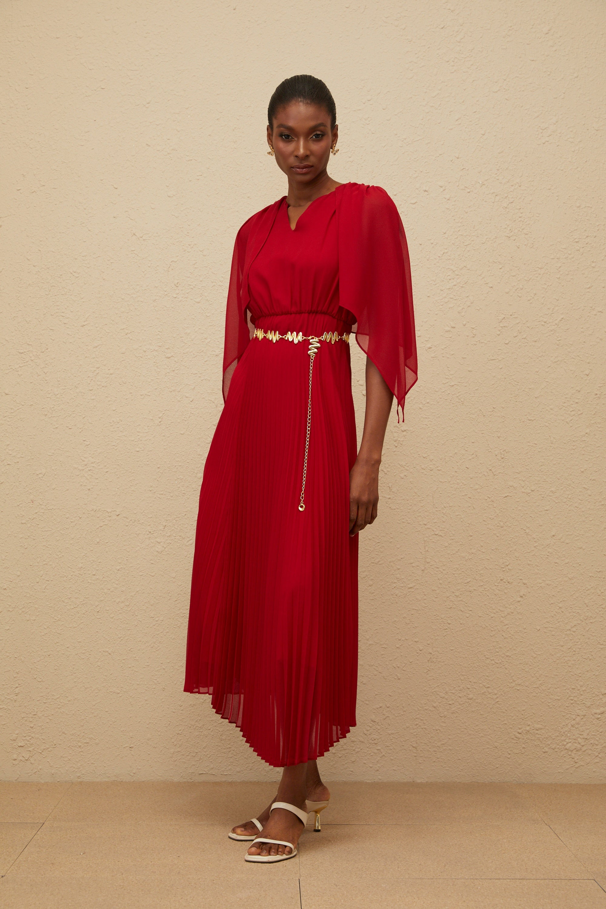 Émilie Red Pleated Maxi Dress with Cape Detail