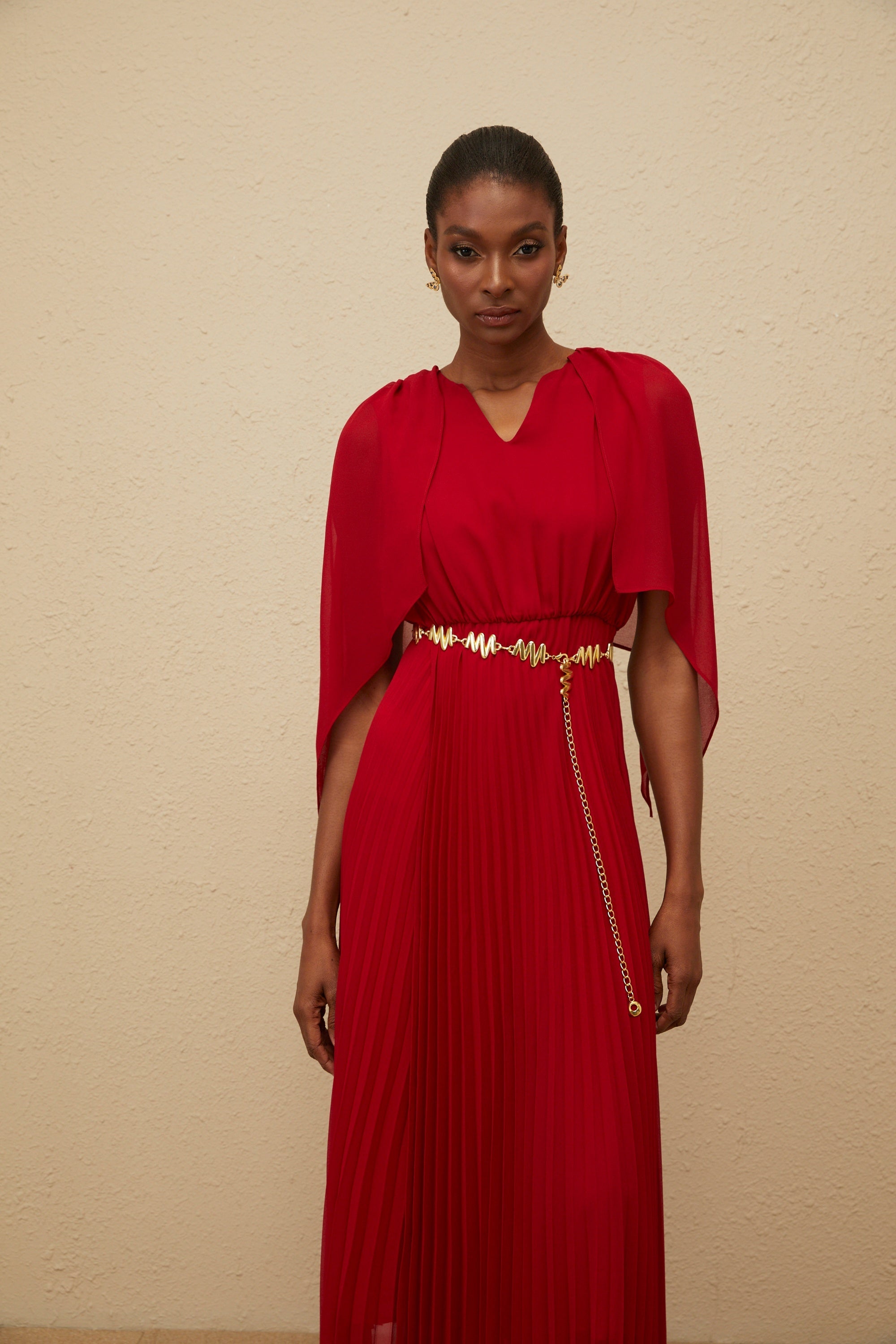 Émilie Red Pleated Maxi Dress with Cape Detail