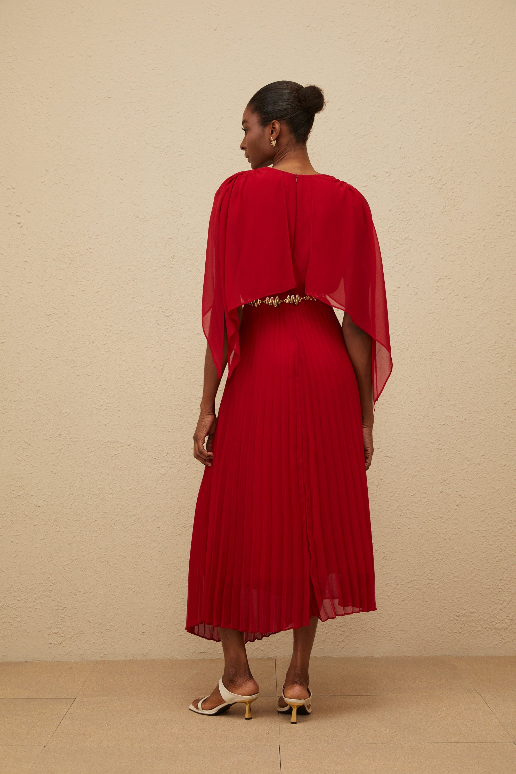 Émilie Red Pleated Maxi Dress with Cape Detail