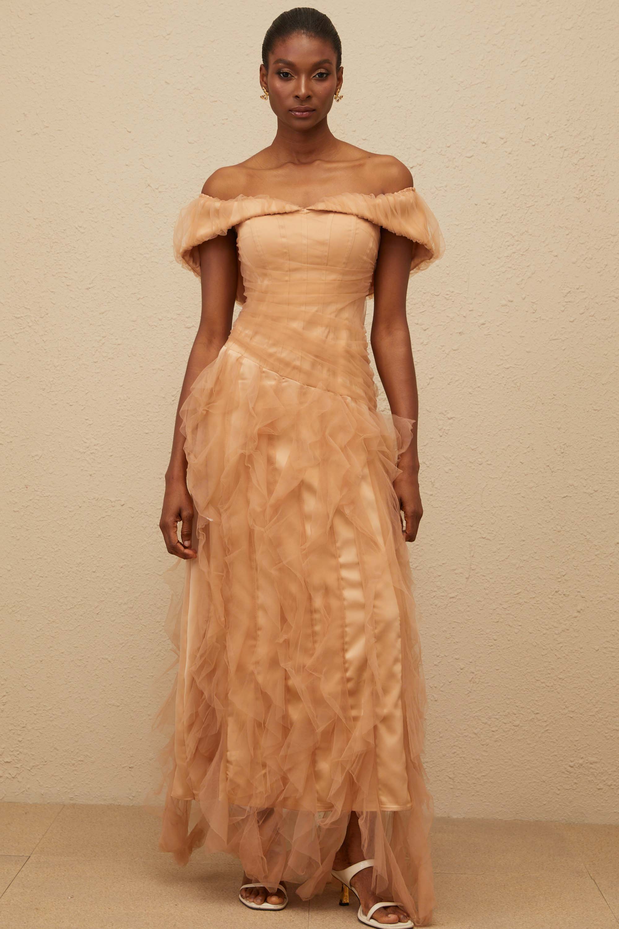 Ivonne Khaki Off-Shoulder Ruffled Tulle Maxi Dress