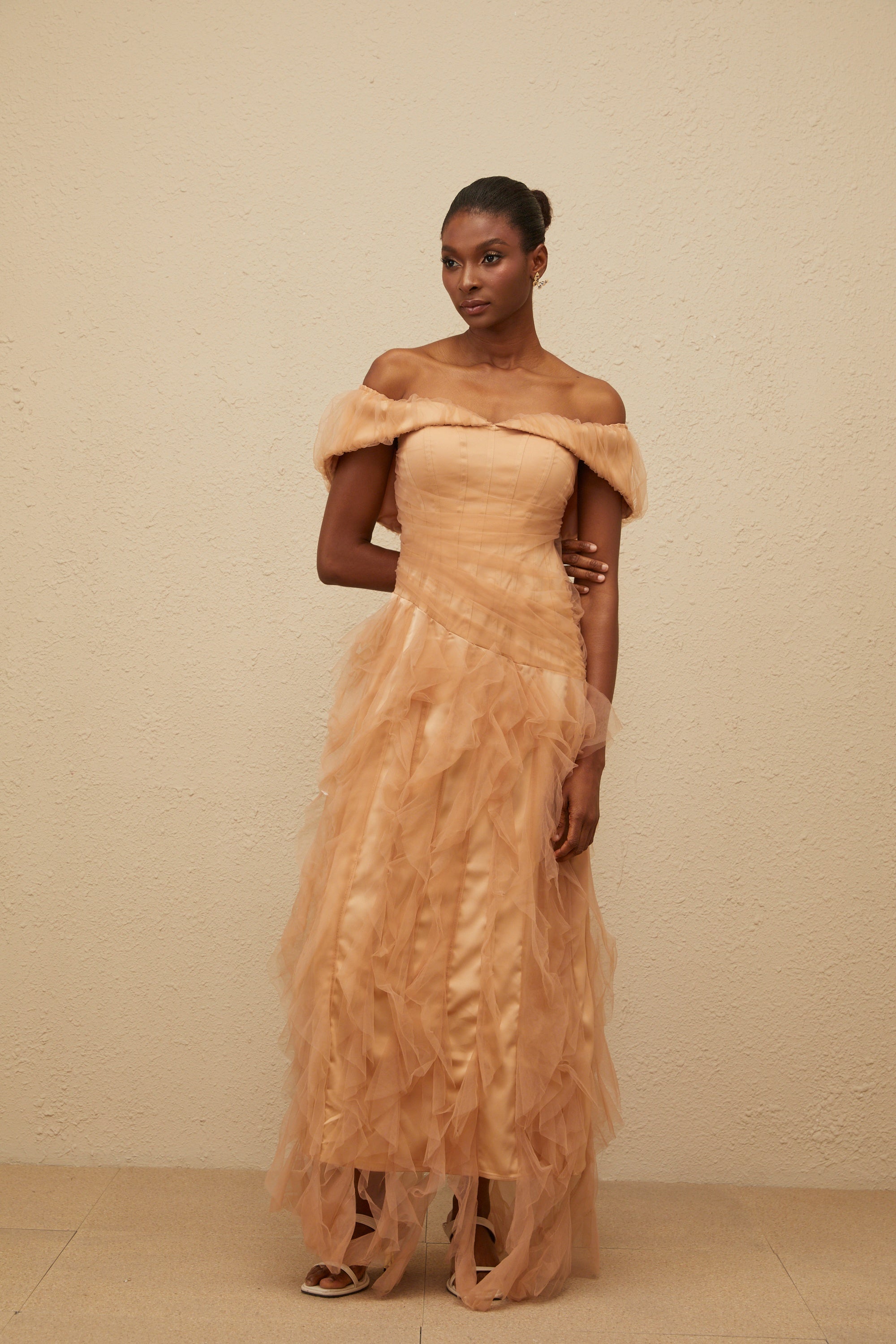 Ivonne Khaki Off-Shoulder Ruffled Tulle Maxi Dress