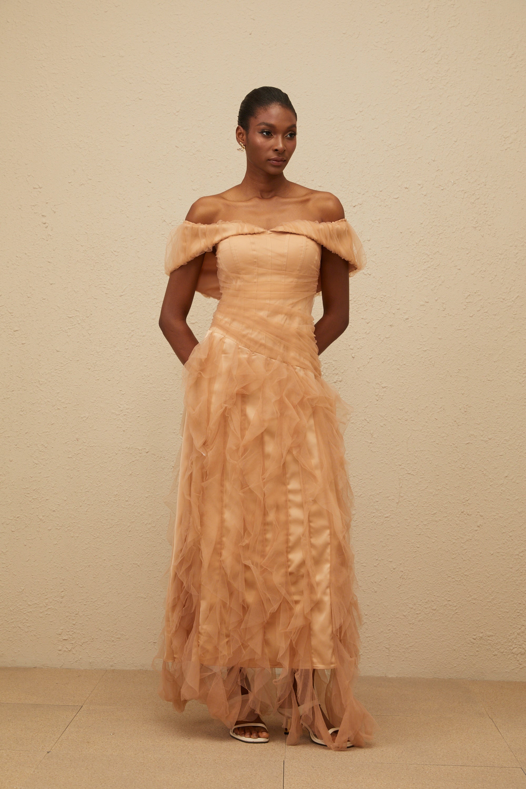 Ivonne Khaki Off-Shoulder Ruffled Tulle Maxi Dress