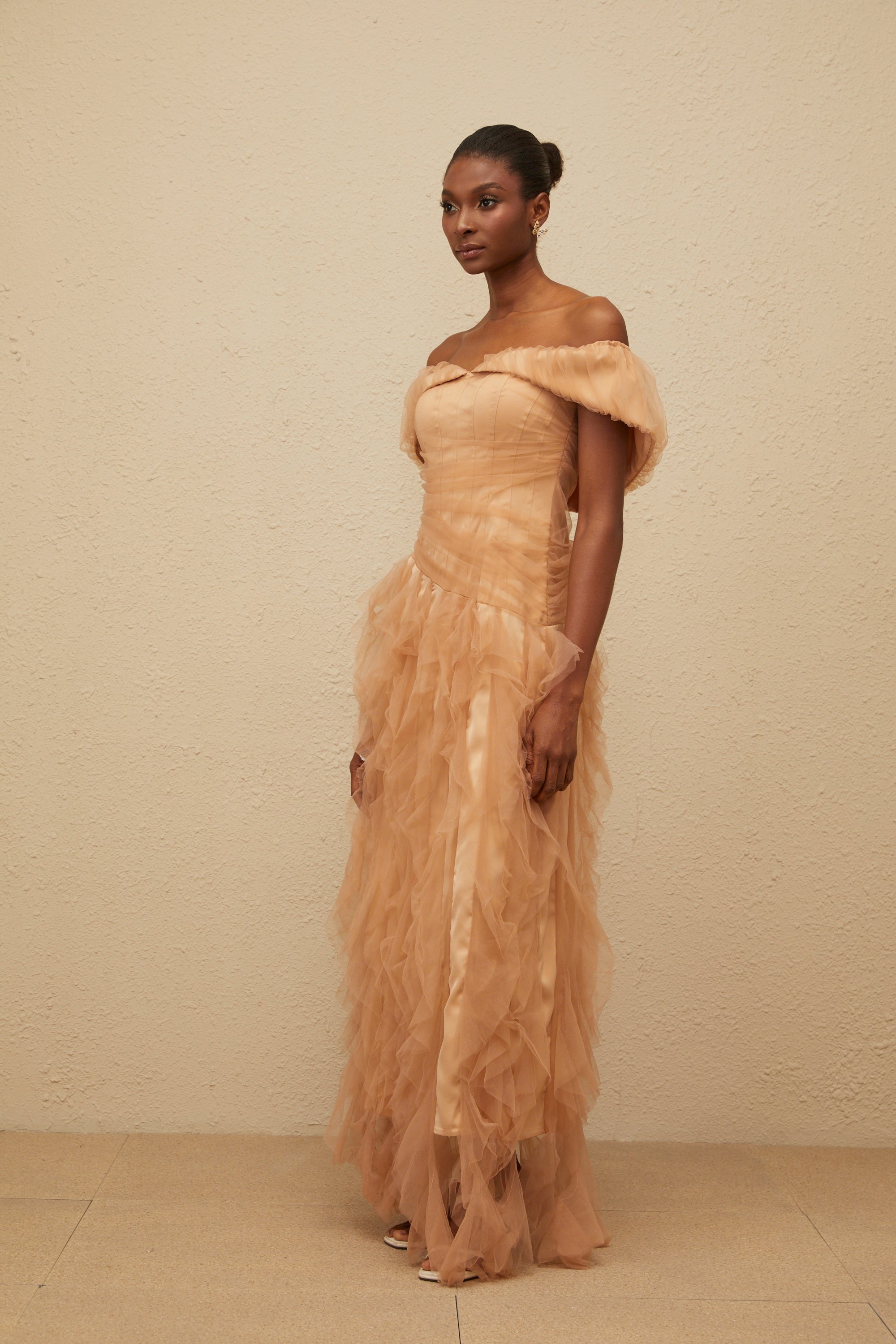 Ivonne Khaki Off-Shoulder Ruffled Tulle Maxi Dress