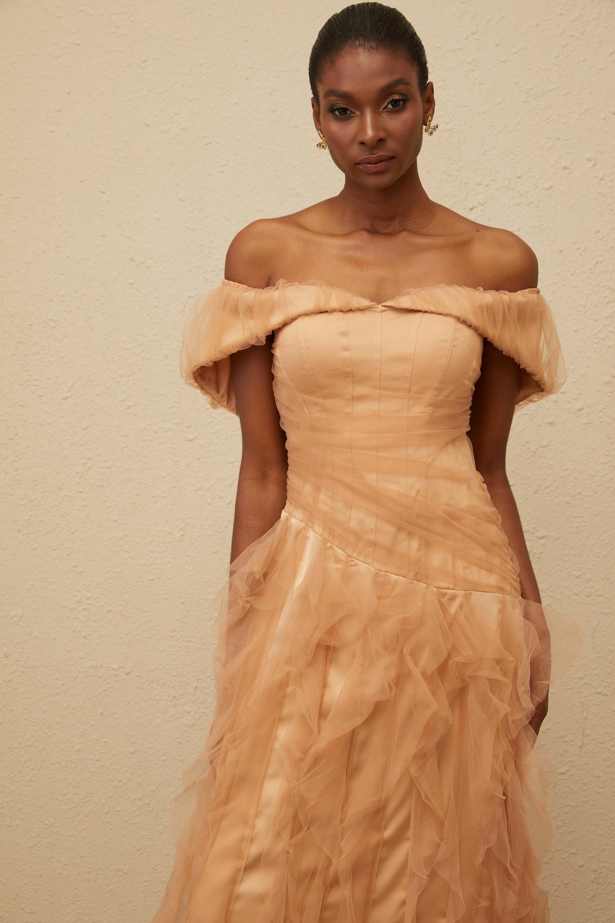Ivonne Khaki Off-Shoulder Ruffled Tulle Maxi Dress