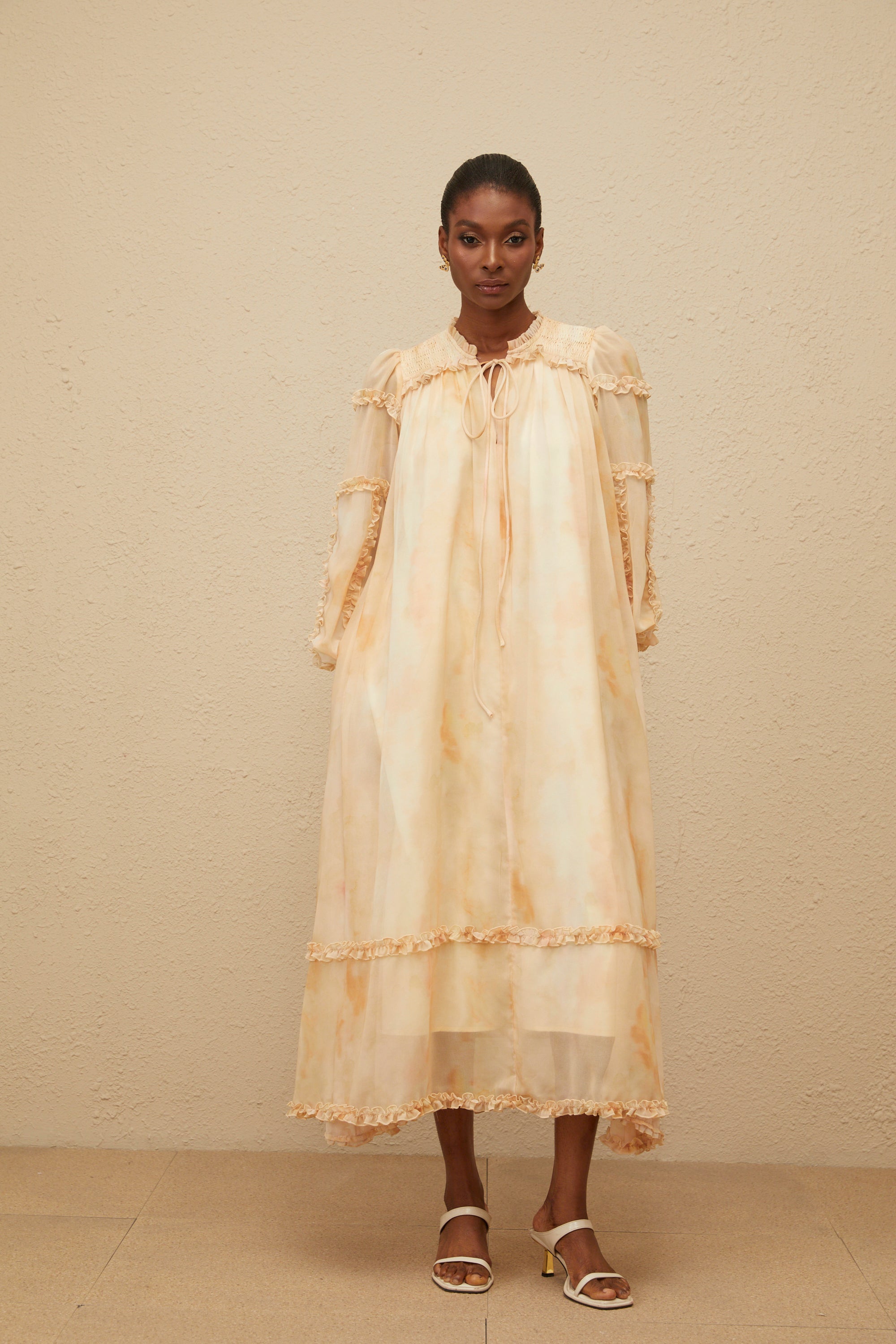 Lecollet Beige Ruffled Tie-Dye Midi Dress