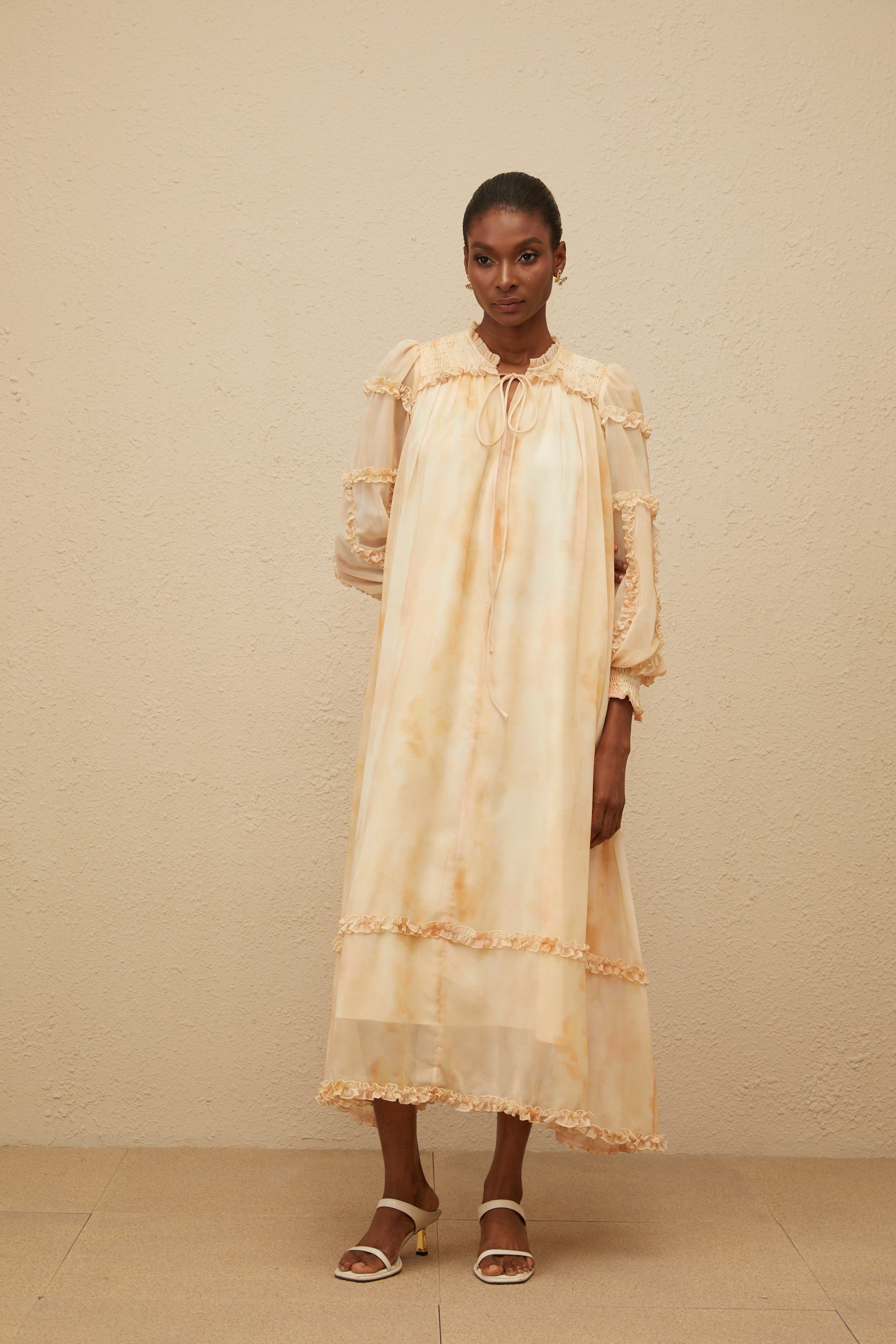 Lecollet Beige Ruffled Tie-Dye Midi Dress