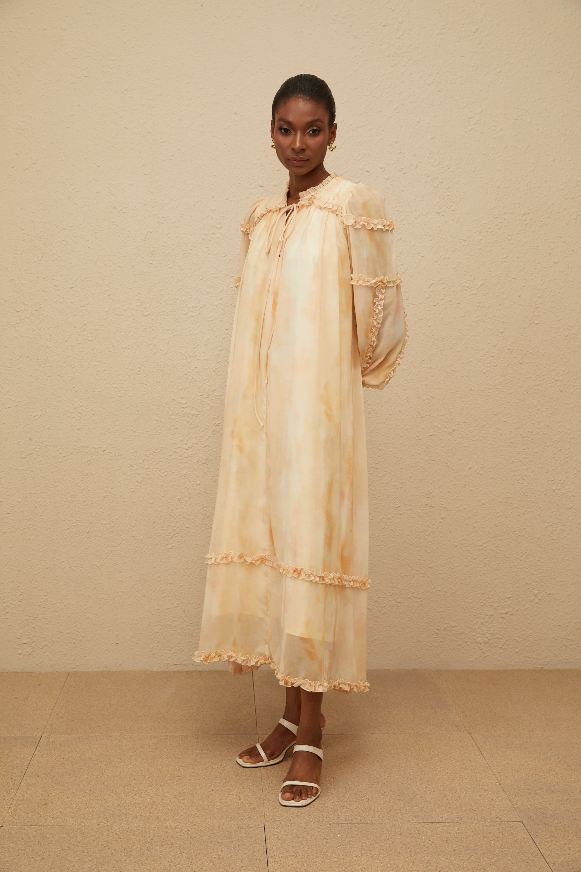 Lecollet Beige Ruffled Tie-Dye Midi Dress