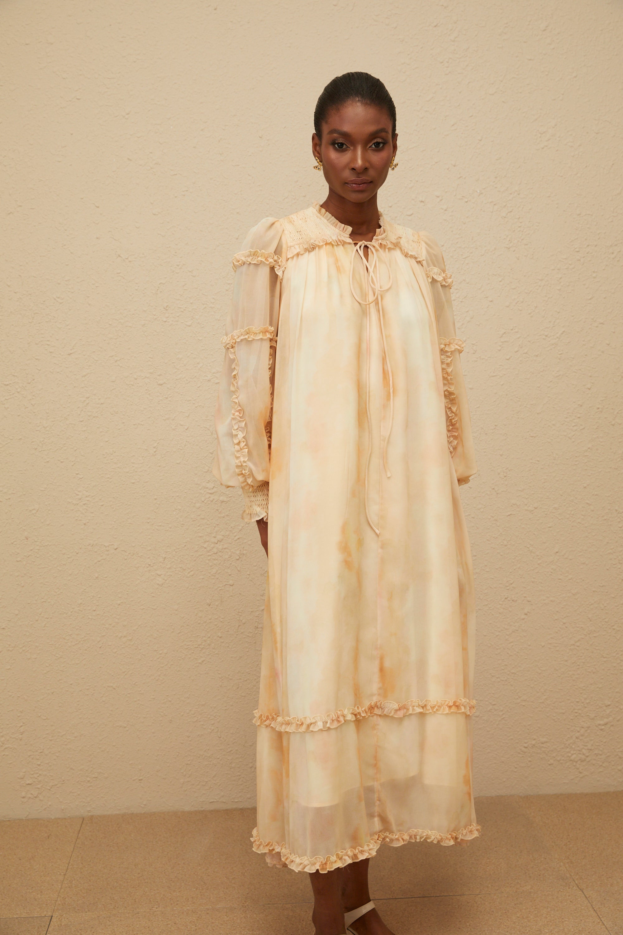 Lecollet Beige Ruffled Tie-Dye Midi Dress