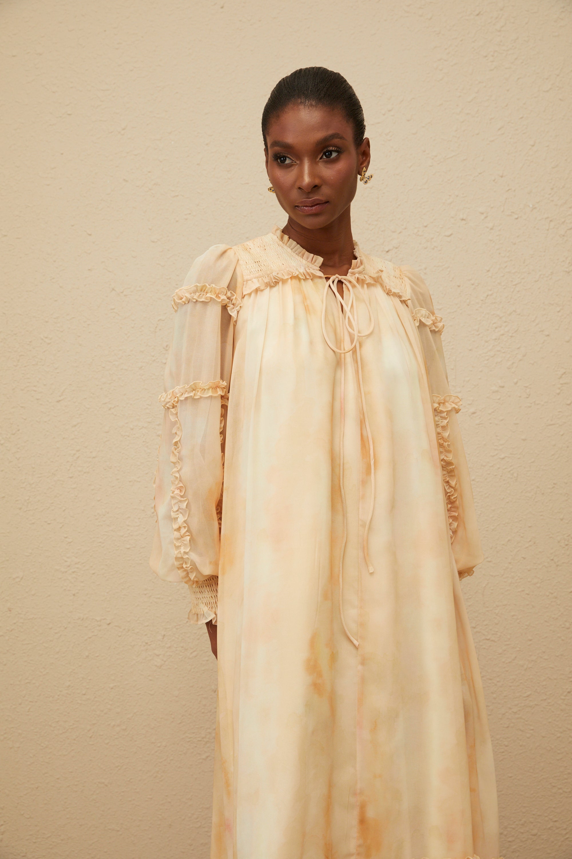 Lecollet Beige Ruffled Tie-Dye Midi Dress