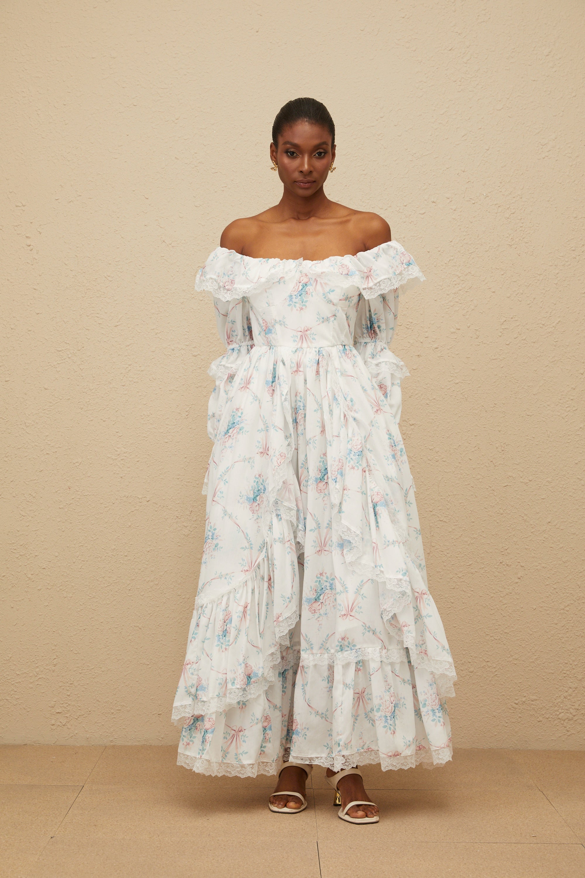 Maxanne White Ruffled Floral Print Maxi Dress