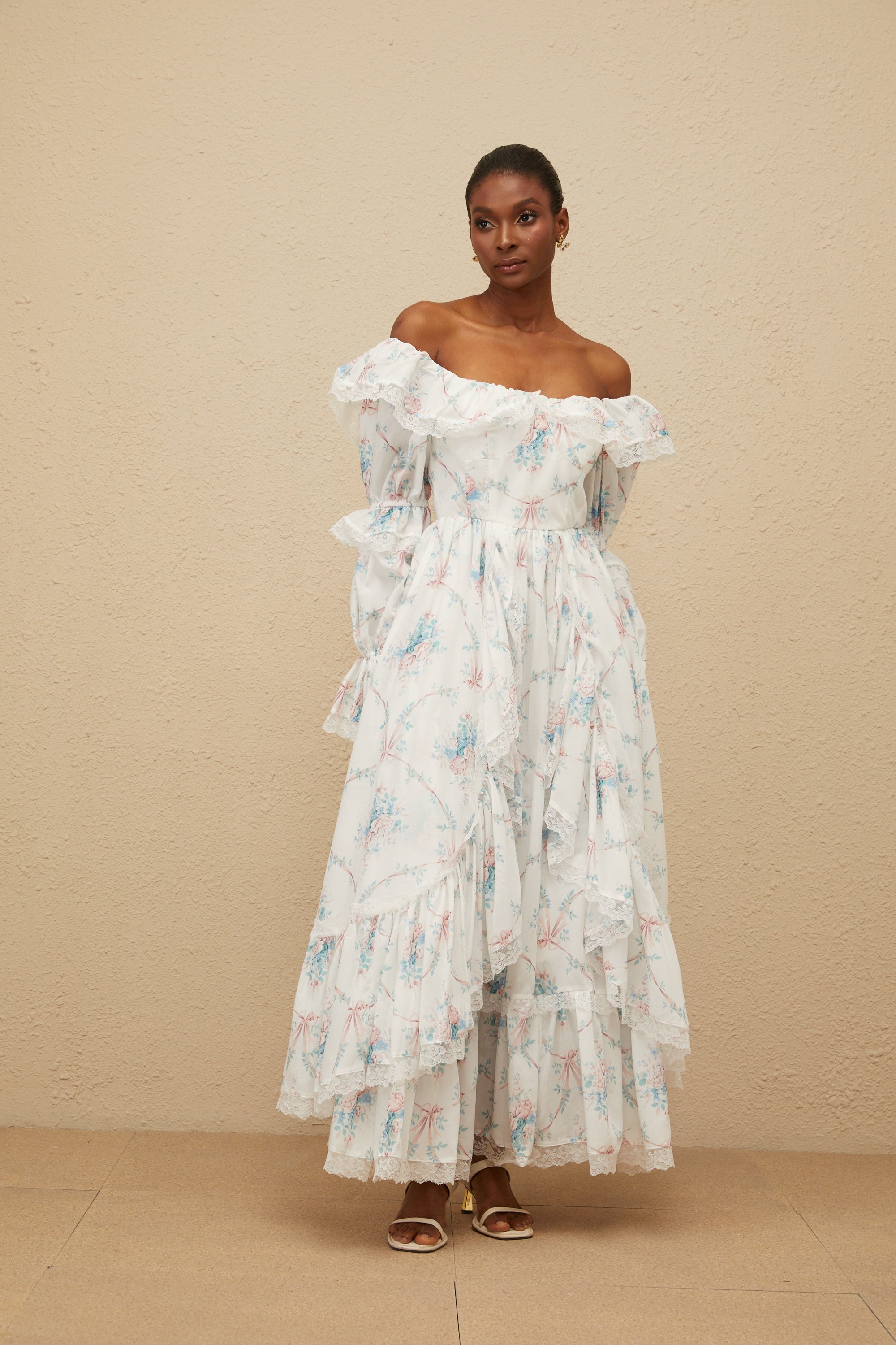 Maxanne White Ruffled Floral Print Maxi Dress