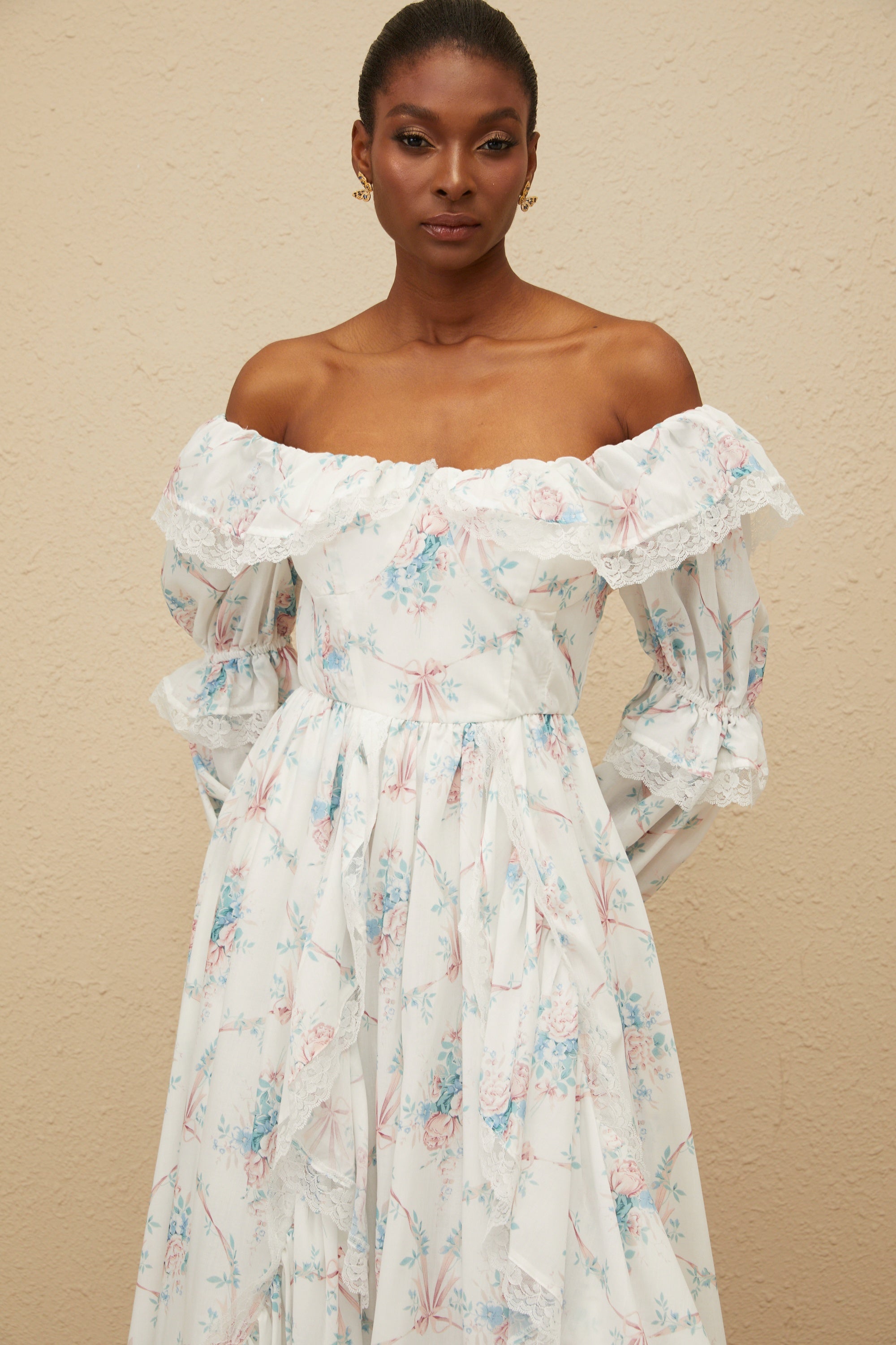 Maxanne White Ruffled Floral Print Maxi Dress