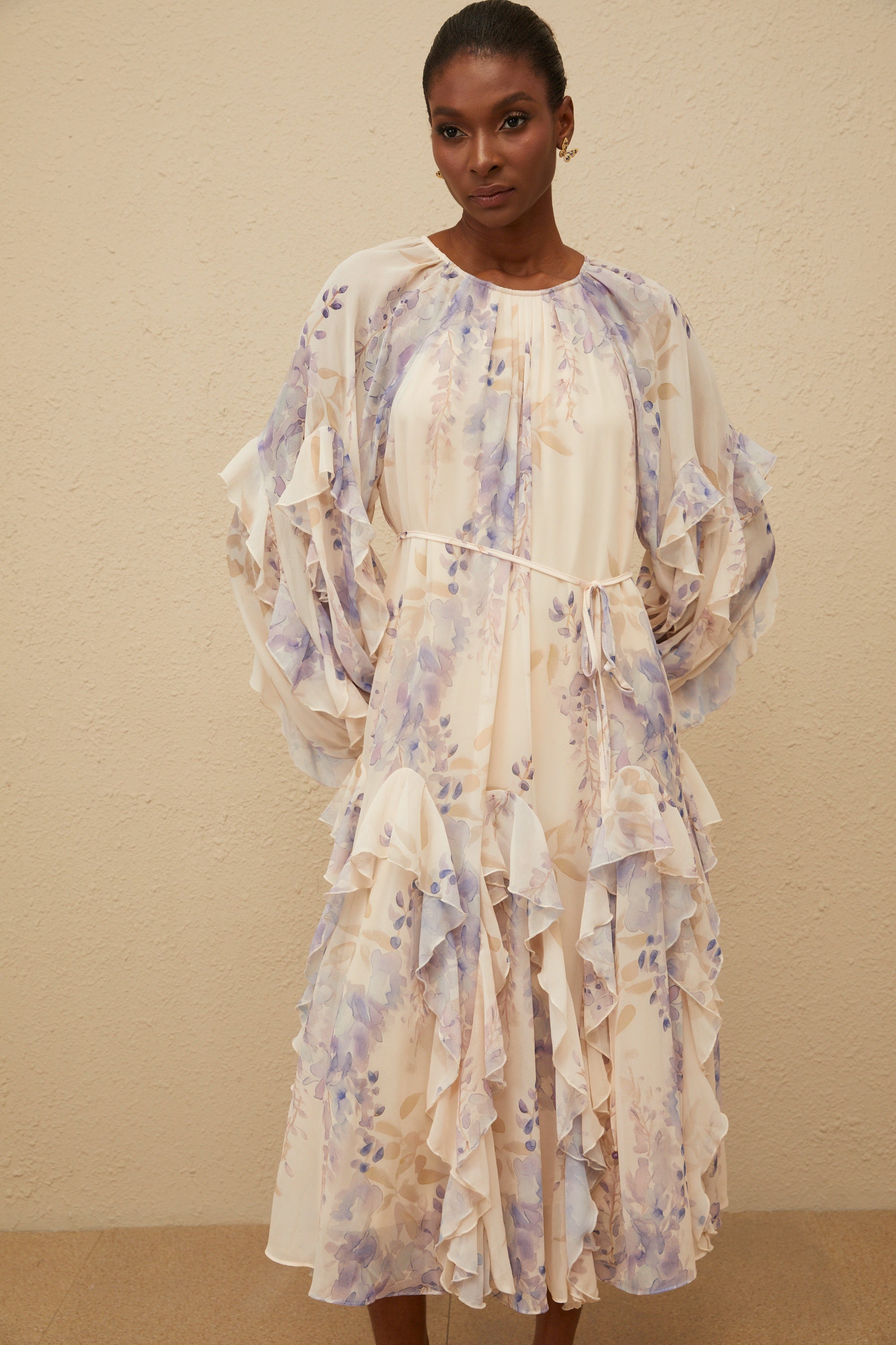 Yara Ruffled Floral Print Midi Dress