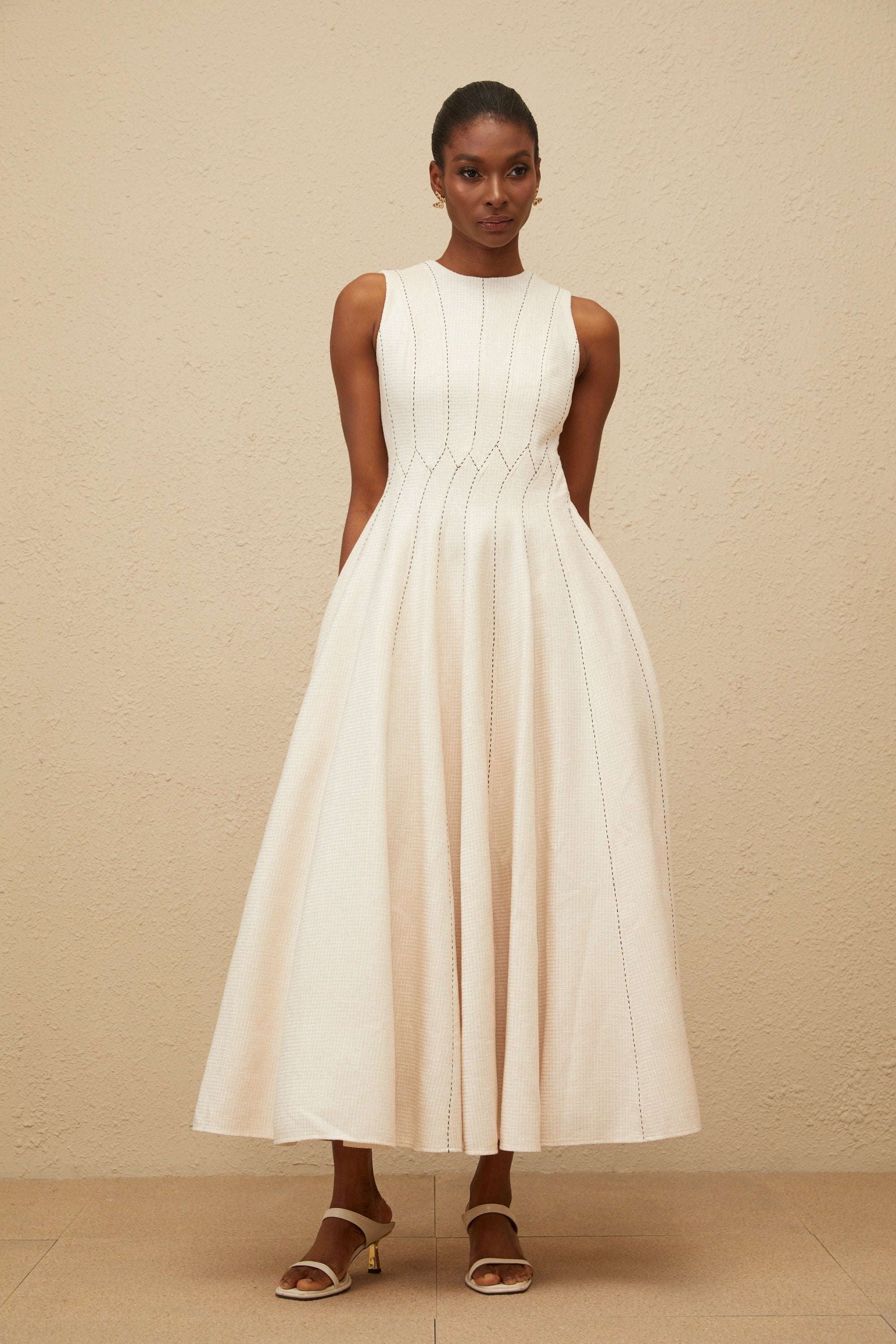 Délicatesse Neutral Shirred Textured Midi Dress