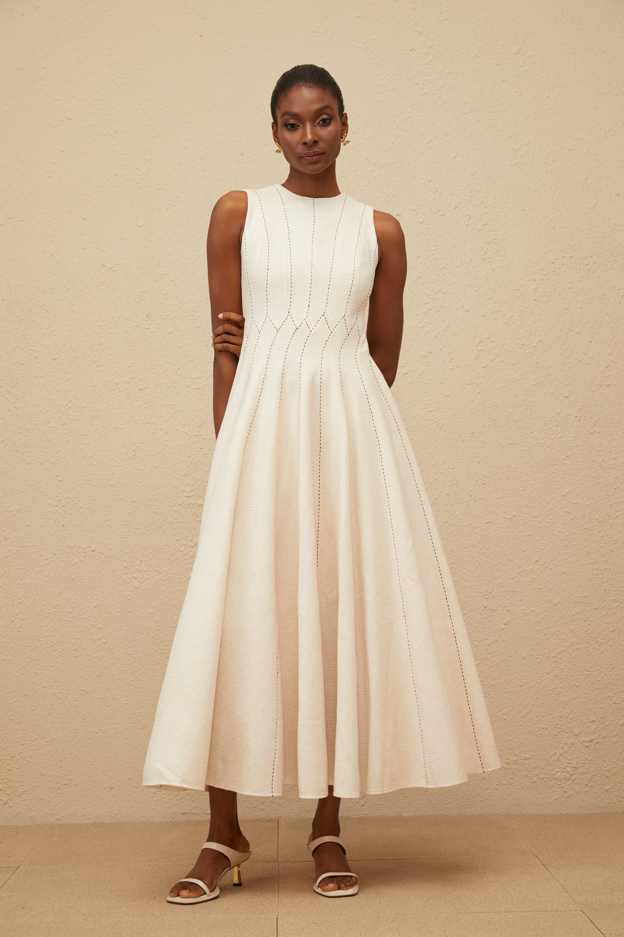 Délicatesse Neutral Shirred Textured Midi Dress