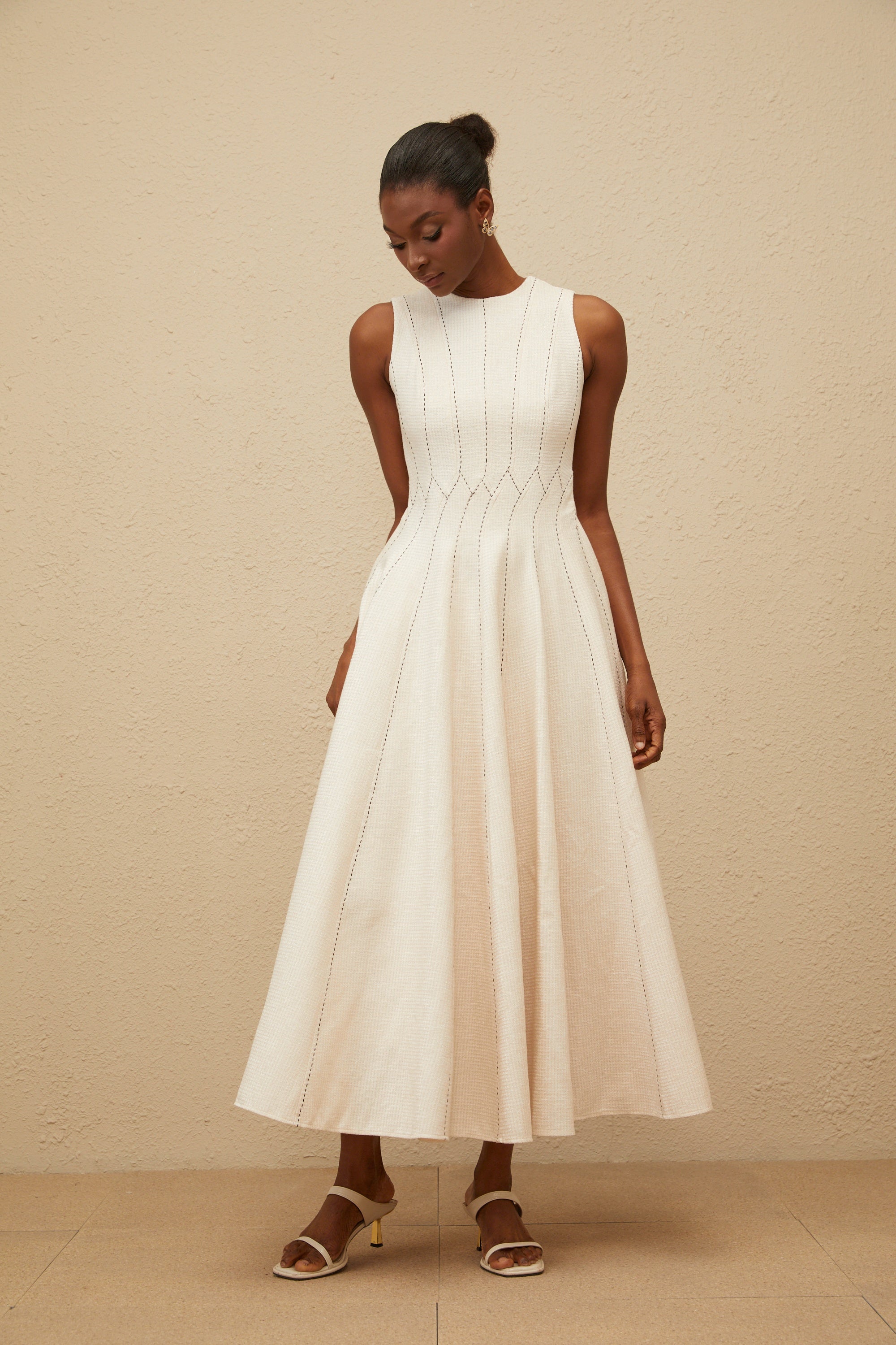 Délicatesse Neutral Shirred Textured Midi Dress