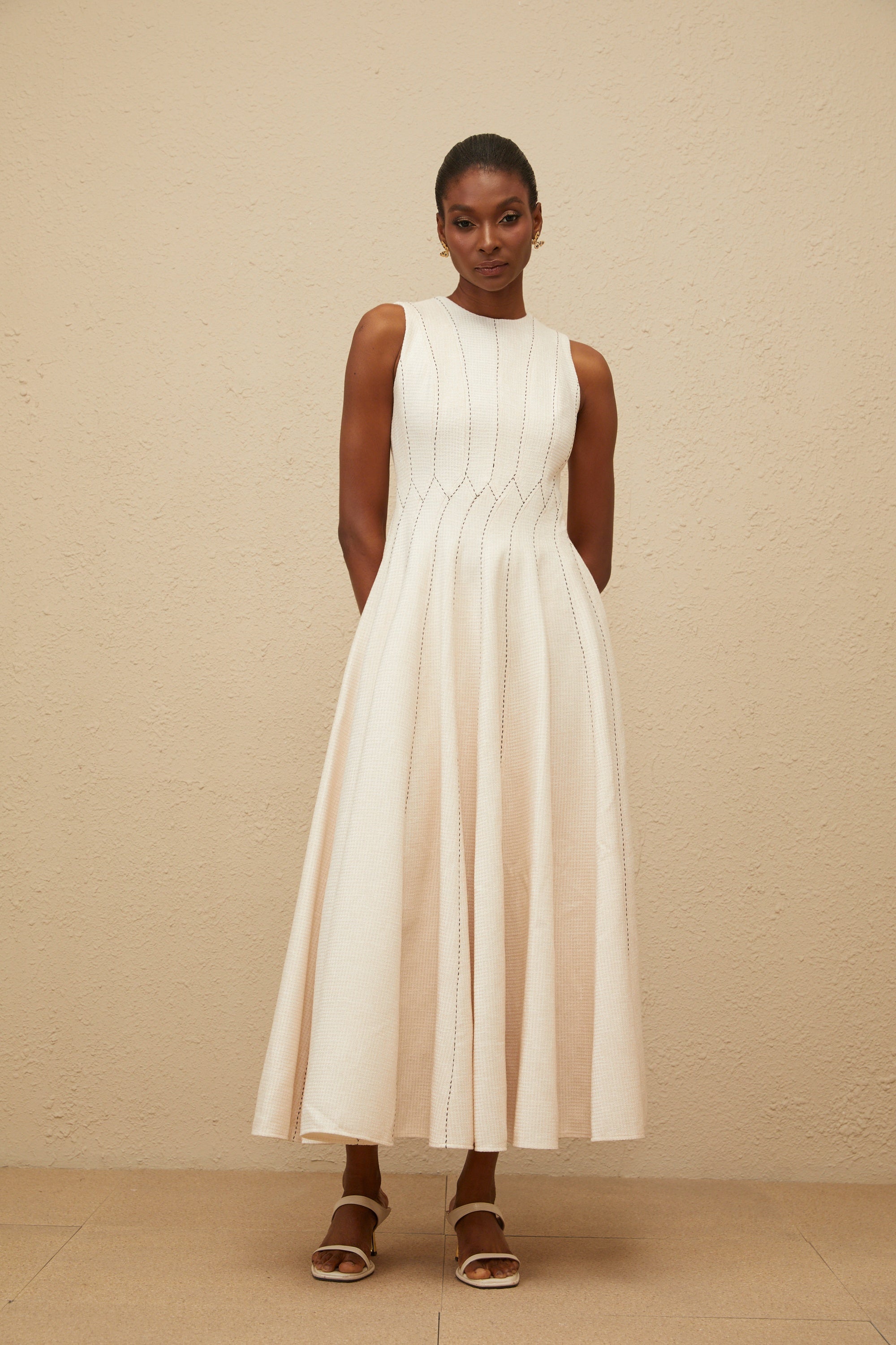 Délicatesse Neutral Shirred Textured Midi Dress