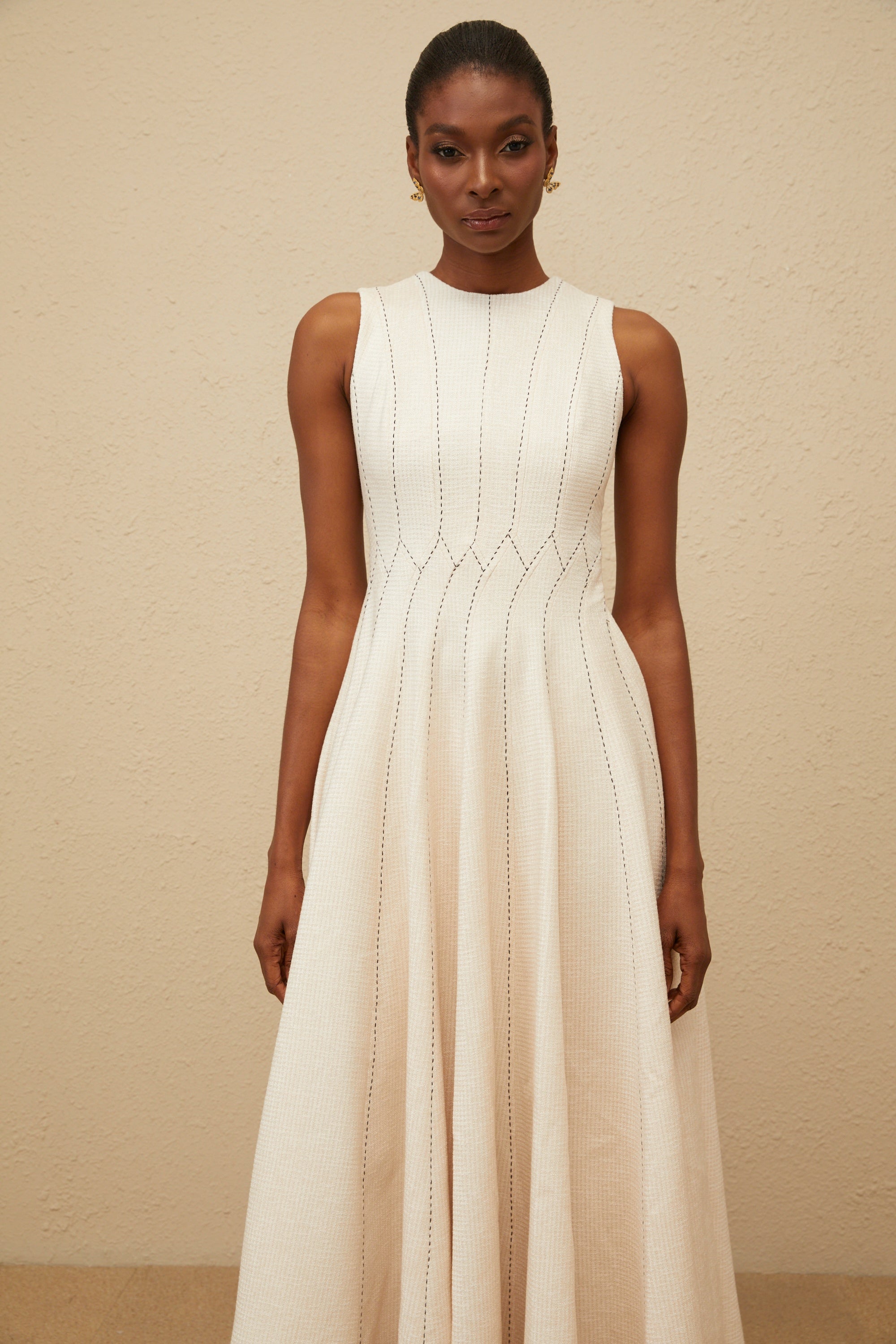 Délicatesse Neutral Shirred Textured Midi Dress