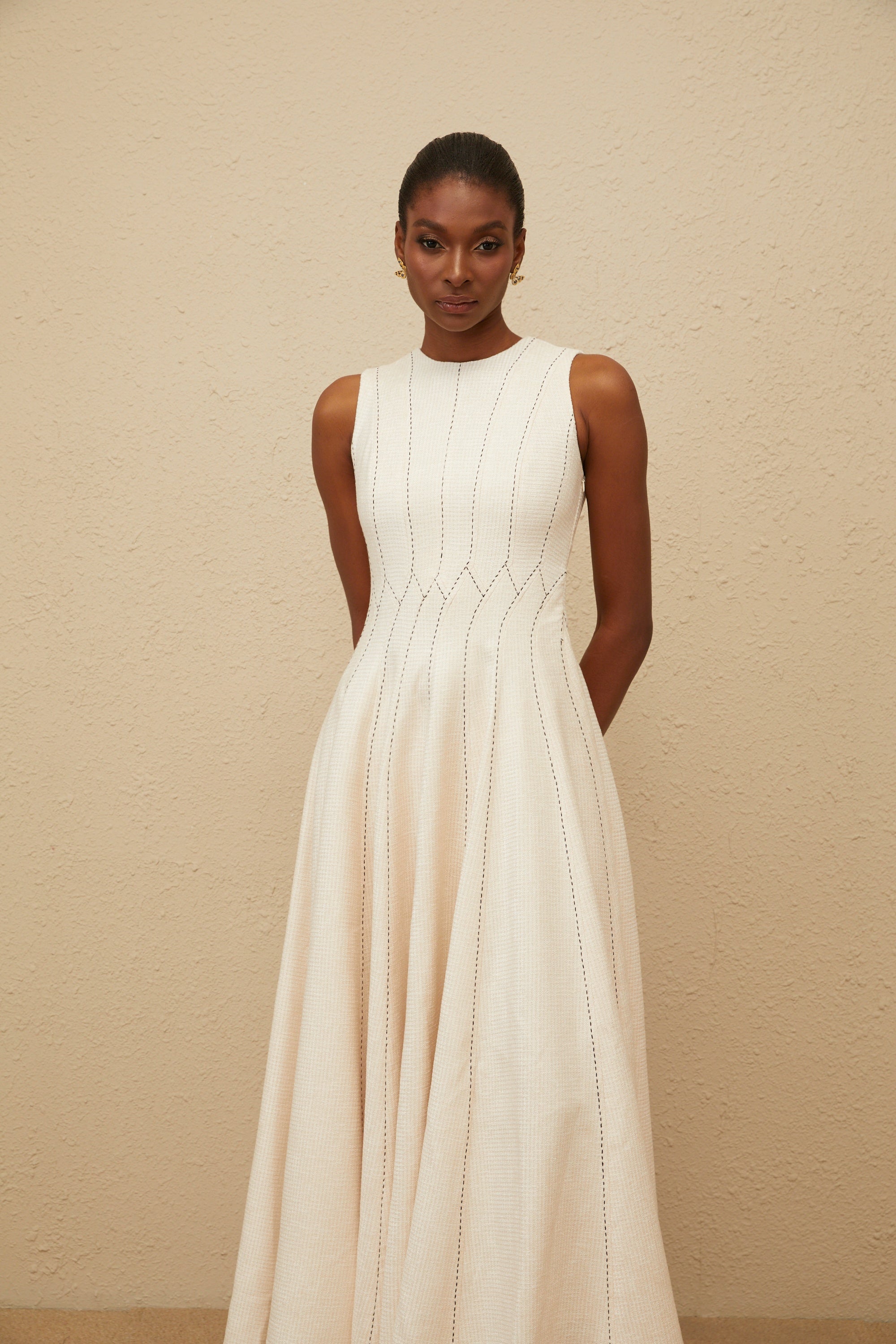 Délicatesse Neutral Shirred Textured Midi Dress