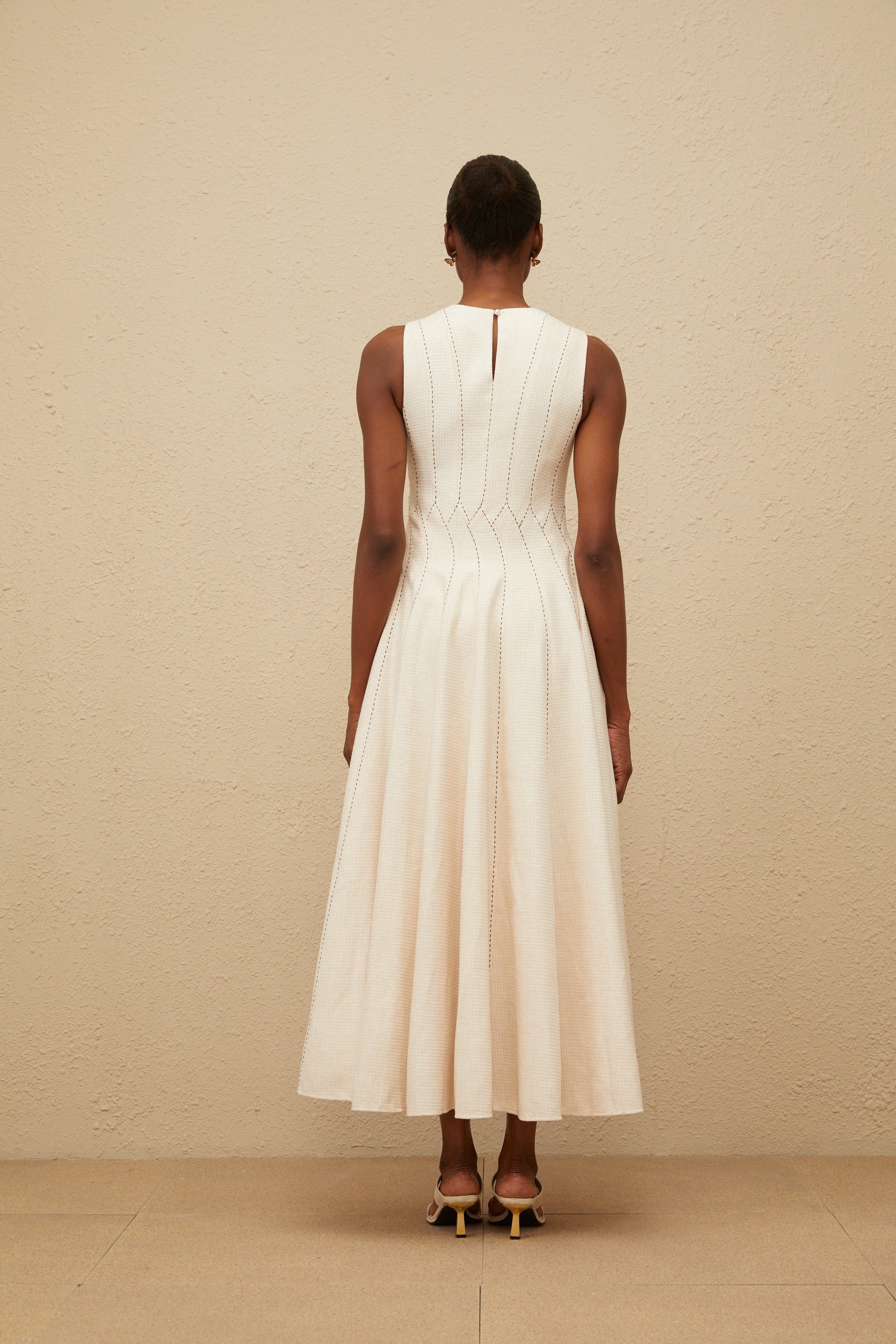 Délicatesse Neutral Shirred Textured Midi Dress