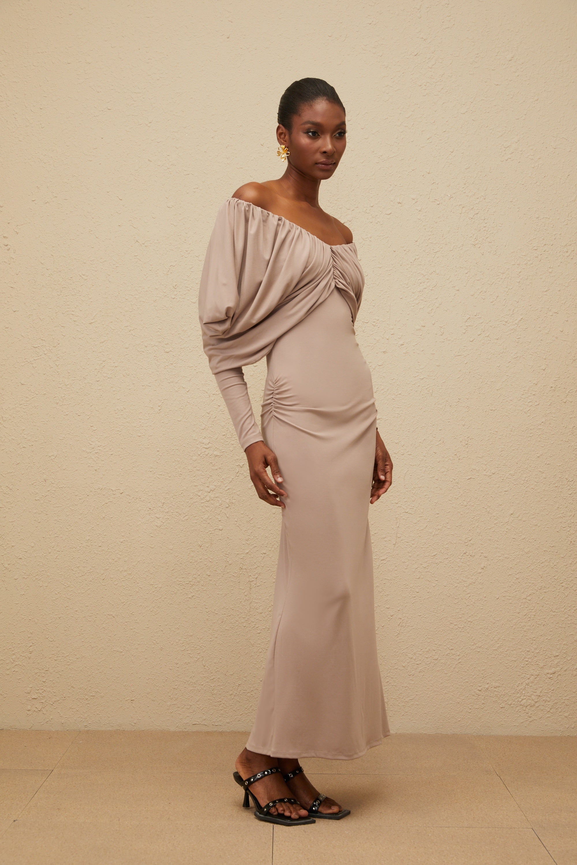 Roxane Grey Ruched Shift Midi Dress (Final Sale)