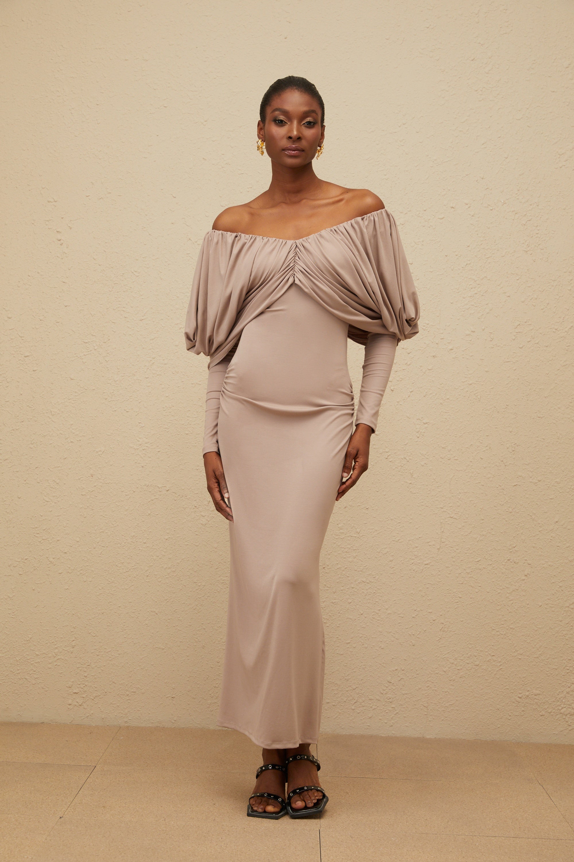 Roxane Grey Ruched Shift Midi Dress (Final Sale)