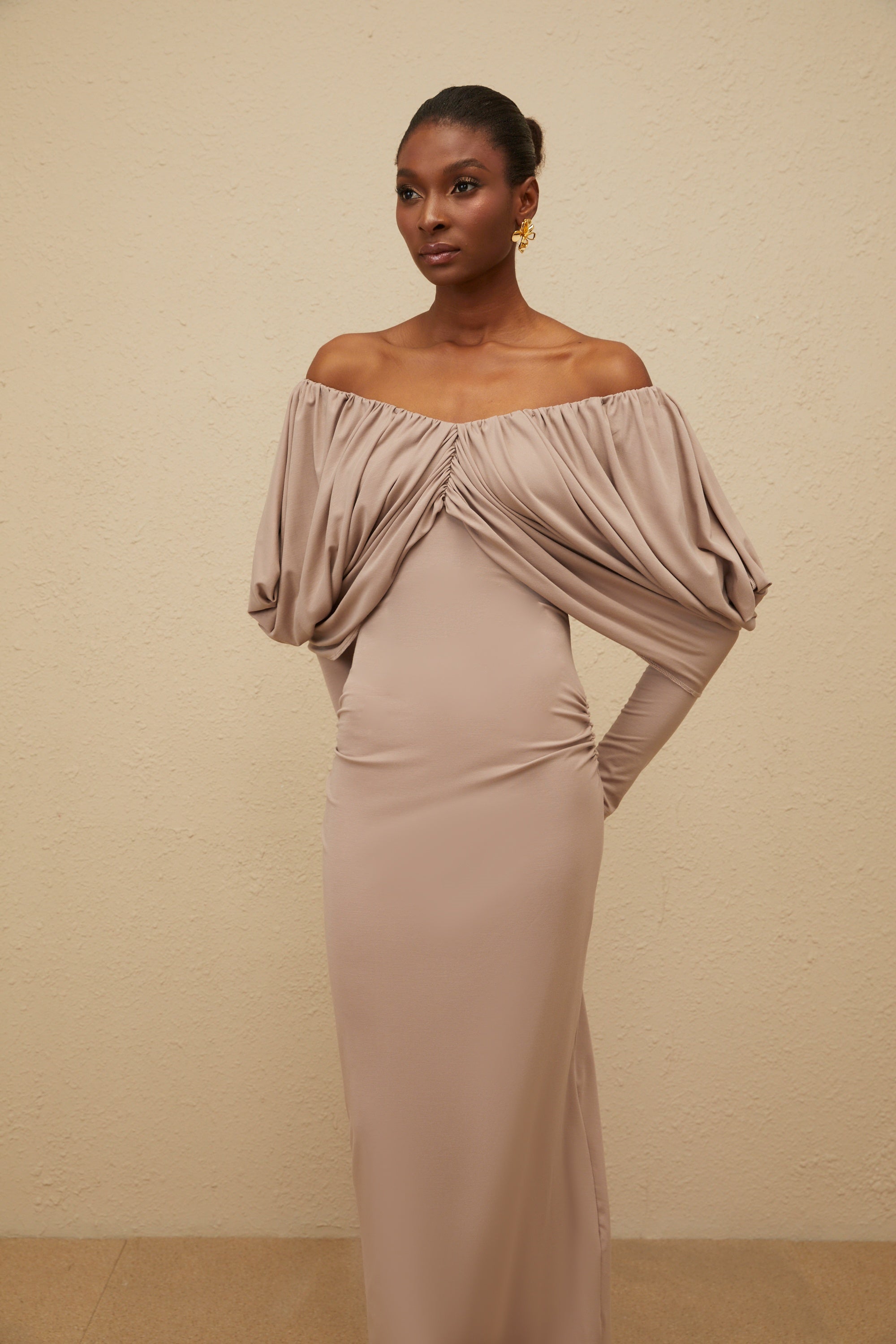 Roxane Grey Ruched Shift Midi Dress (Final Sale)