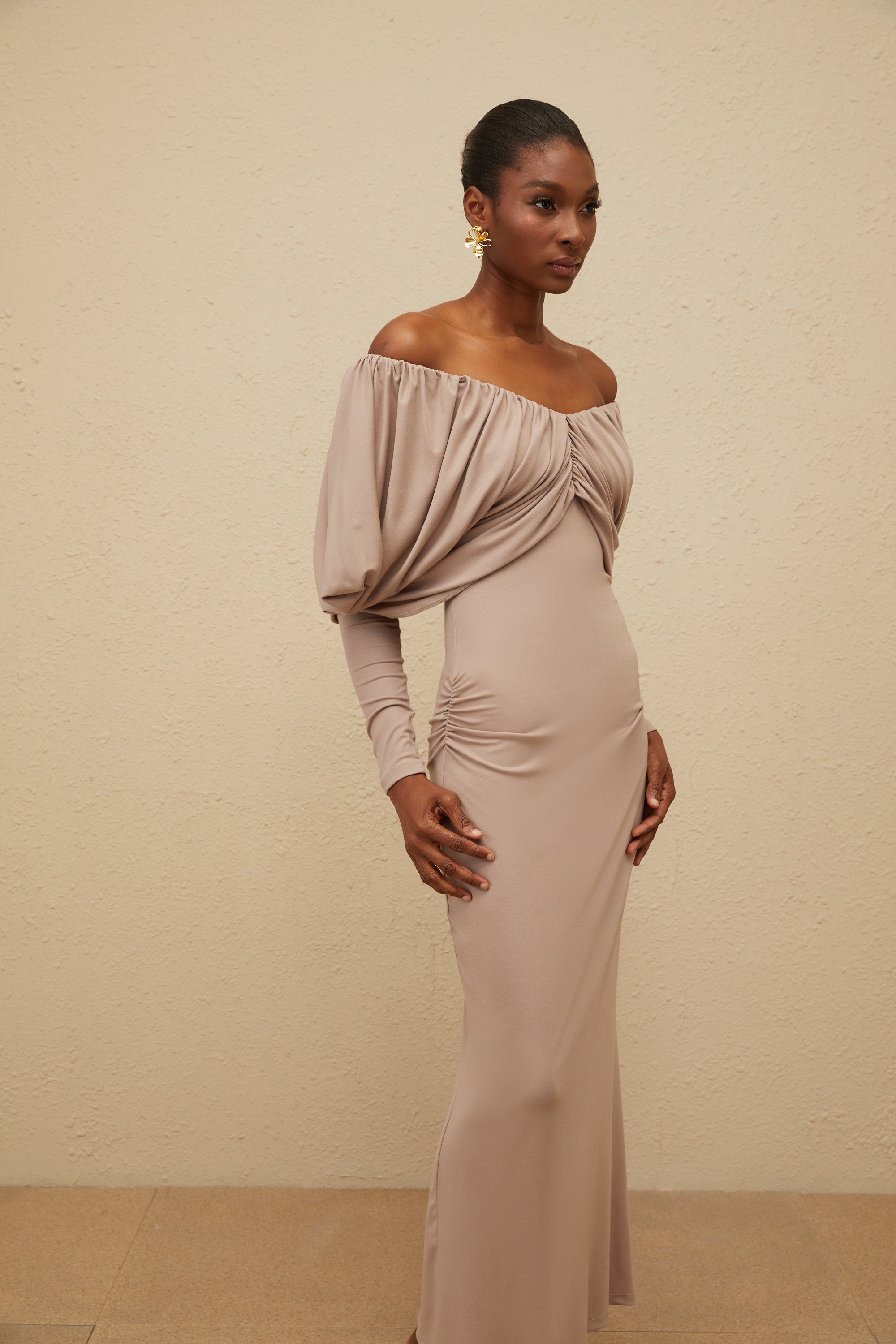 Roxane Grey Ruched Shift Midi Dress