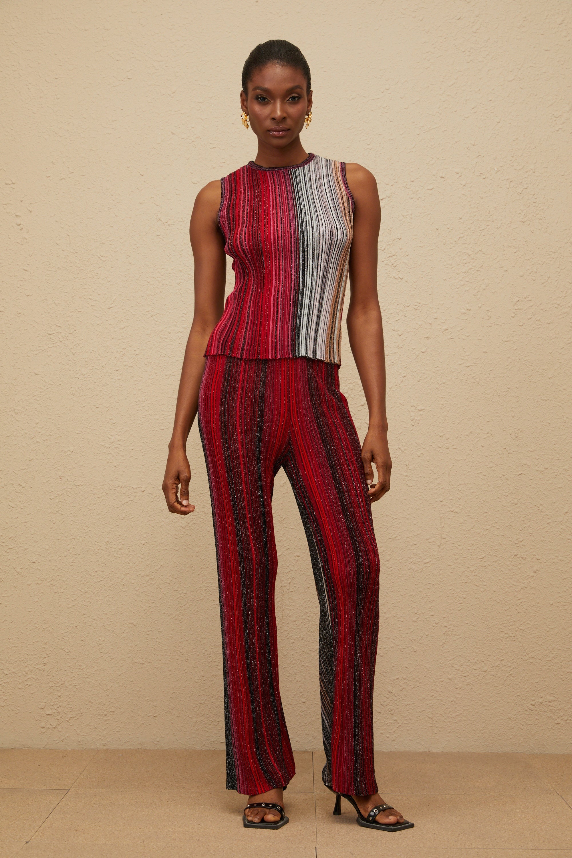 Ulysse Red Glitter Pleated Knit Top & Trousers Set