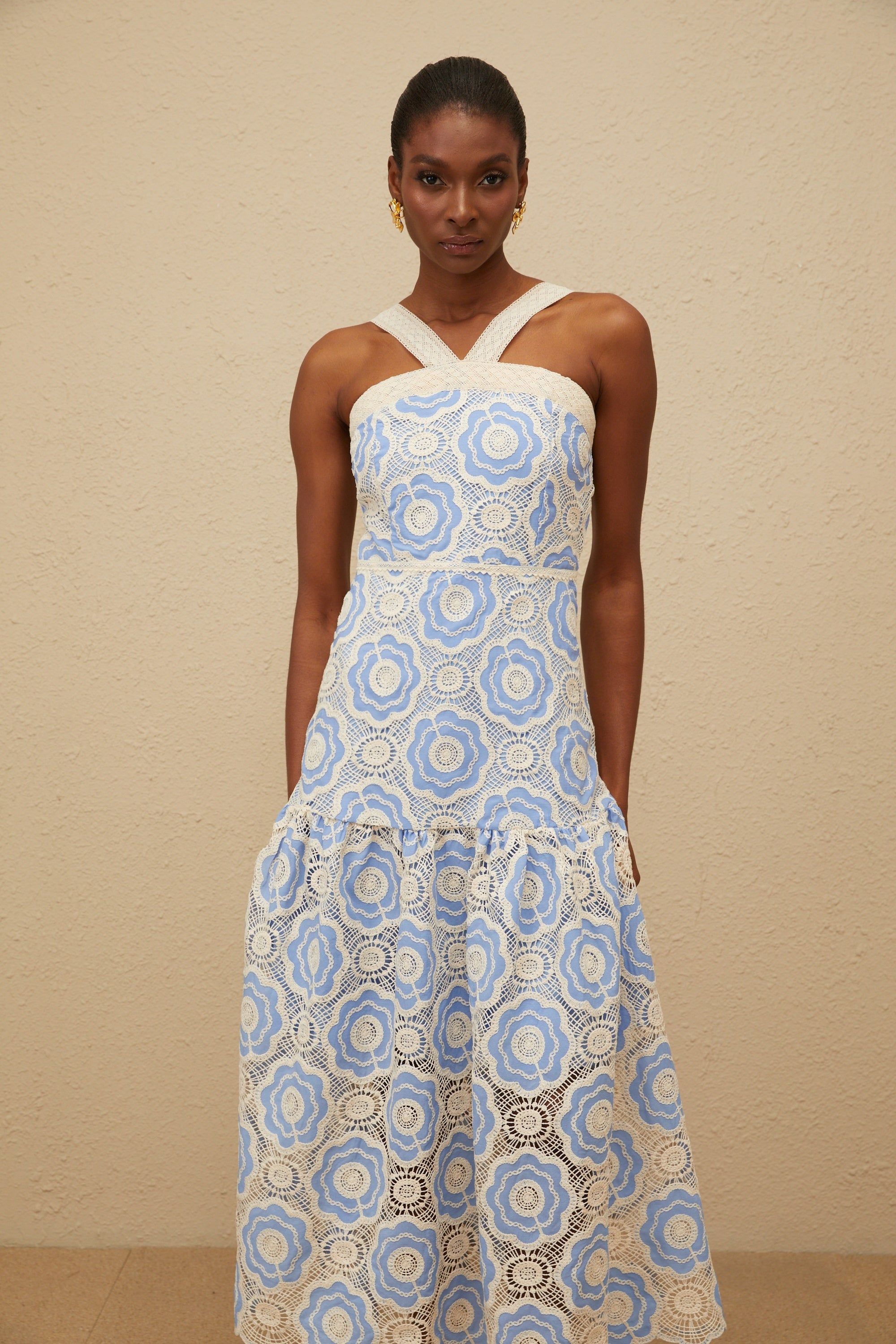 Frivole Blue Crochet Floral Midi Dress