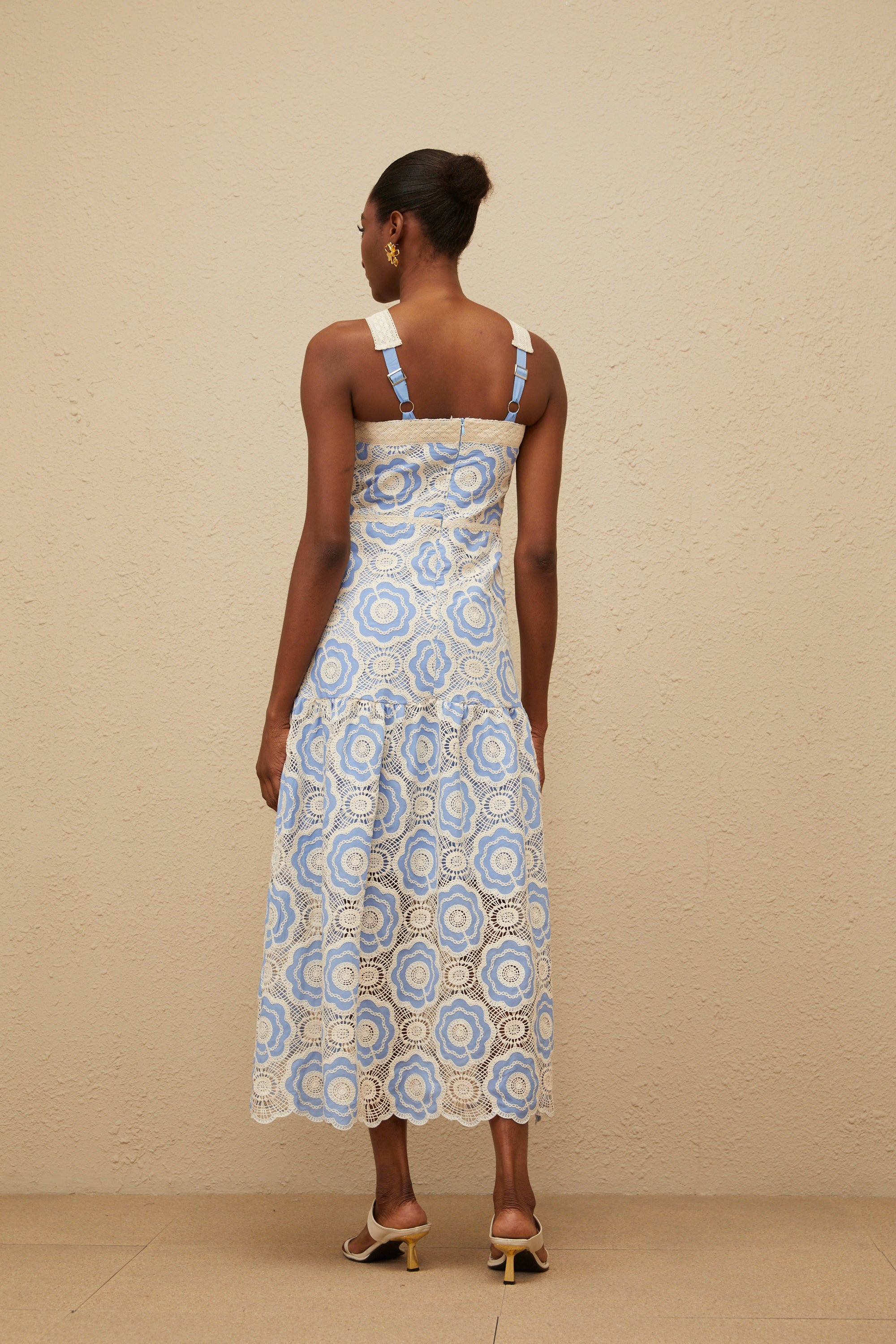 Frivole Blue Crochet Floral Midi Dress (Final Sale)
