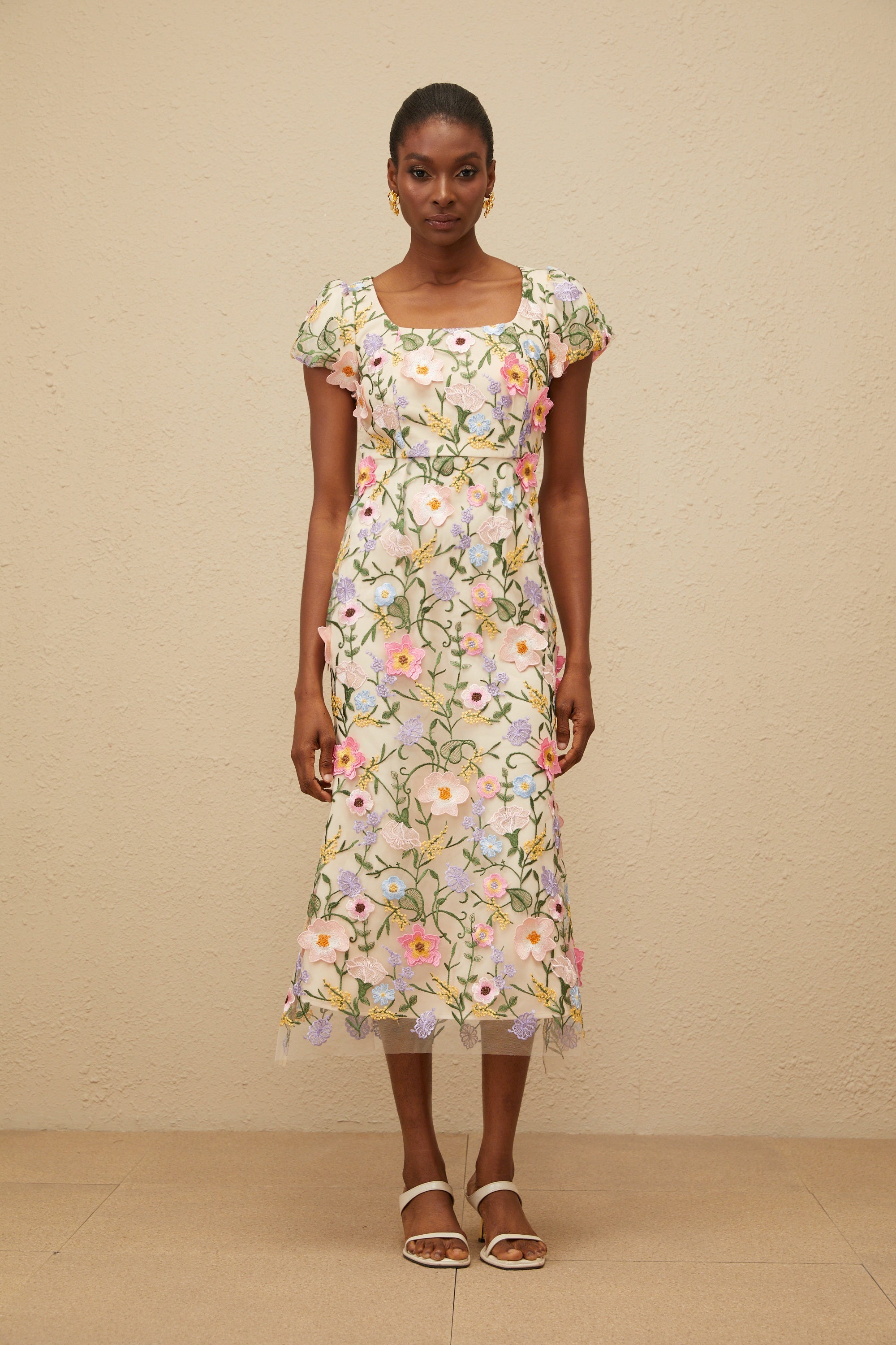 Enjouée Neutral Floral Embroidered Midi Dress (Final Sale-US Only)