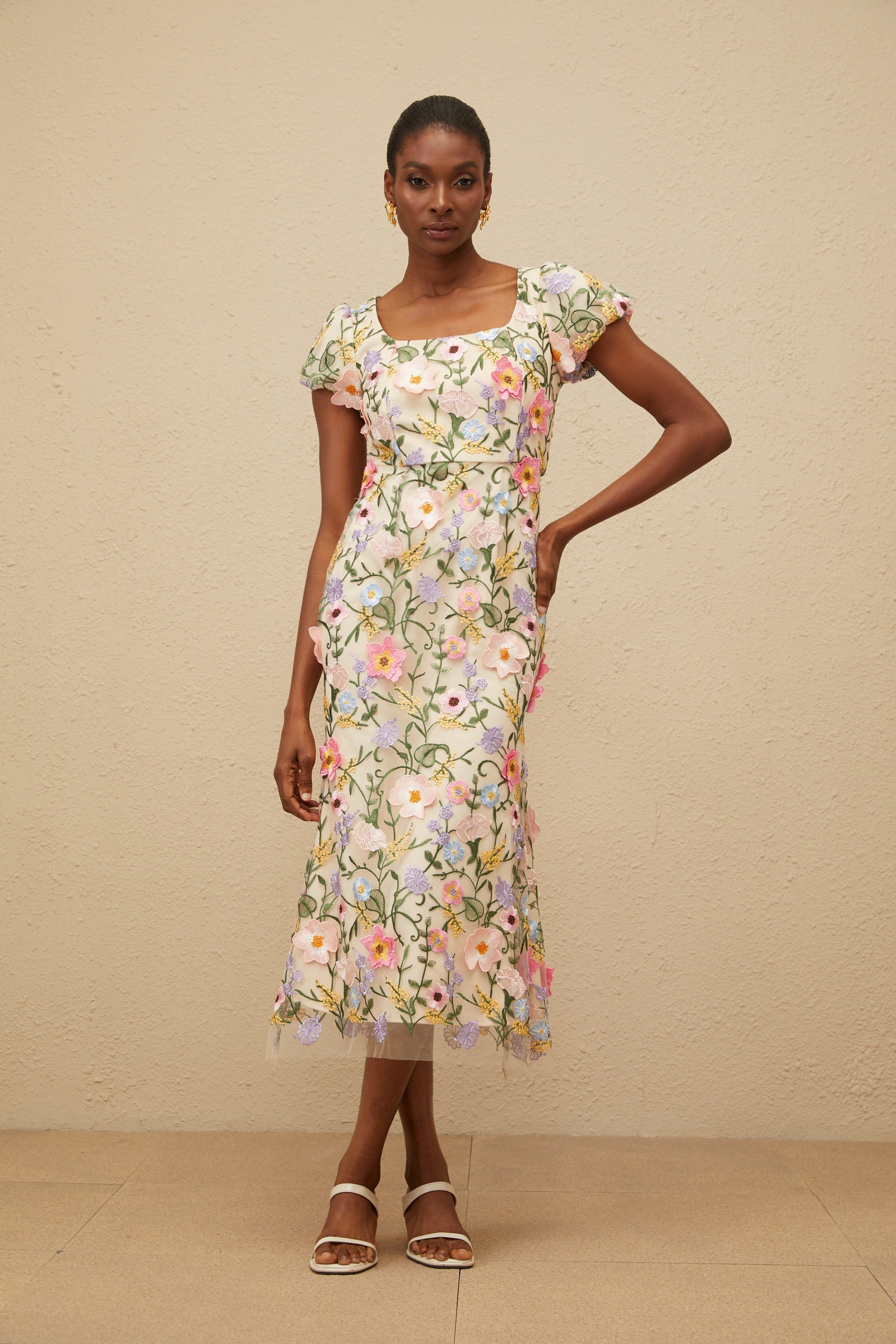 Enjouée Neutral Floral Embroidered Midi Dress (Final Sale-US Only)