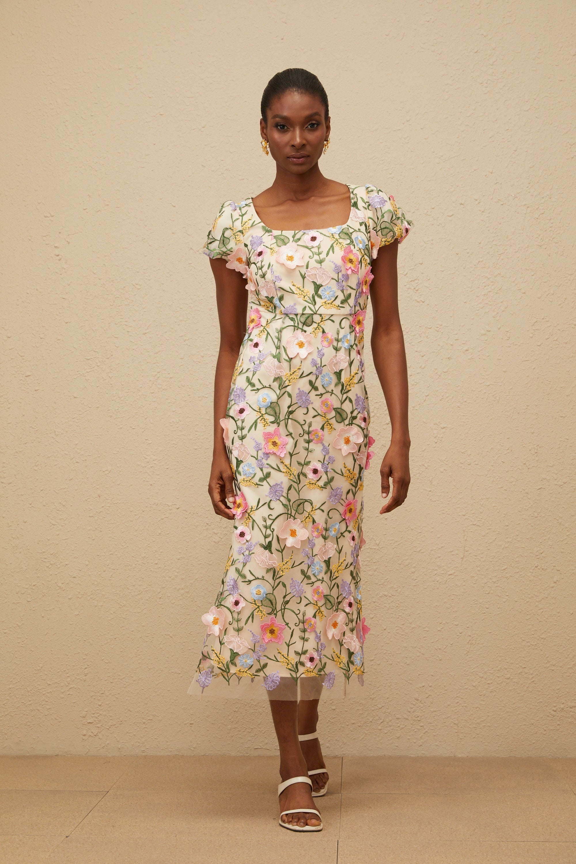 Enjouée Neutral Floral Embroidered Midi Dress (Final Sale-US Only)