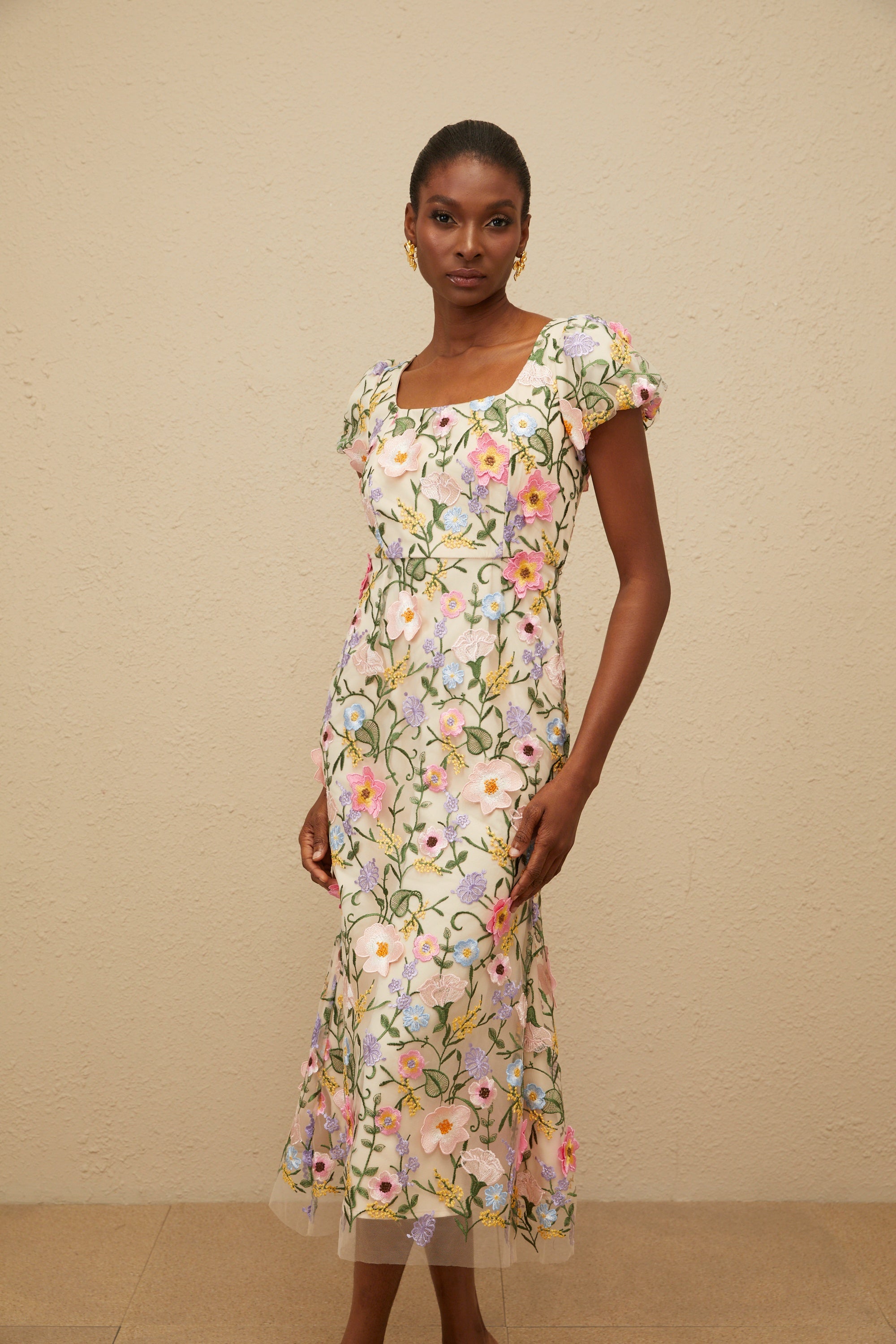 Enjouée Neutral Floral Embroidered Midi Dress (Final Sale-US Only)