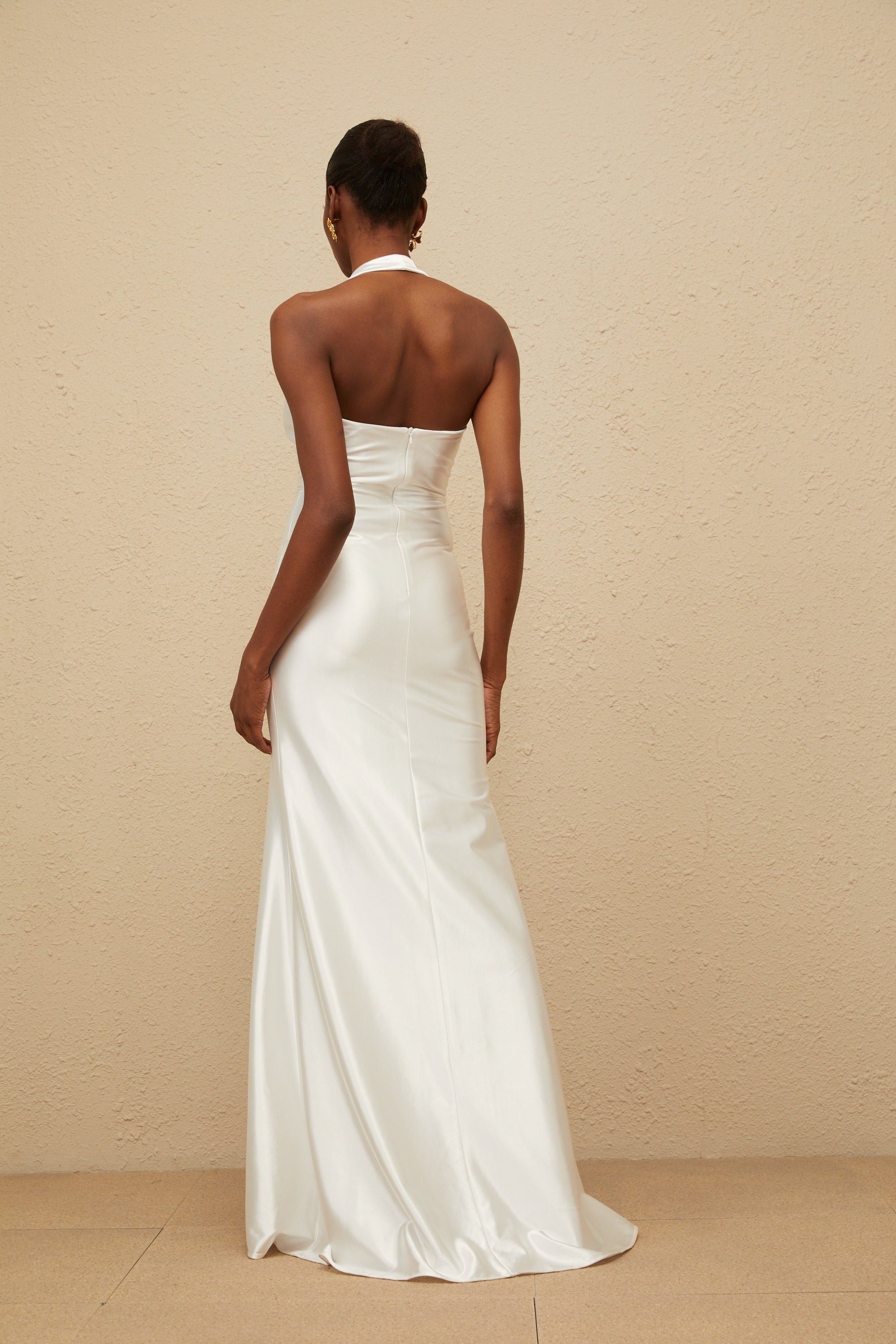 Céleste White Ruched Satin Maxi Dress
