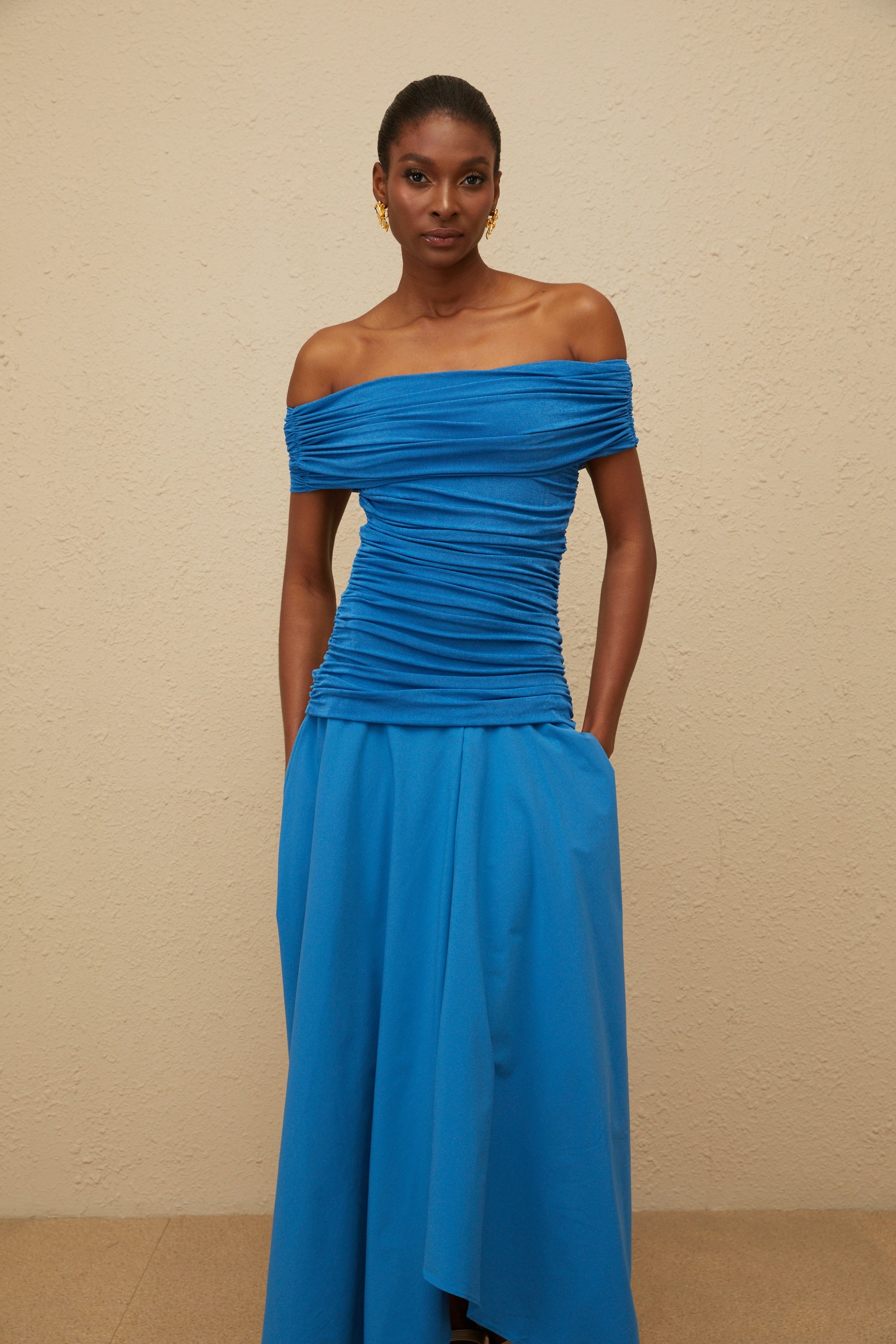Amélie Blue Off-Shoulder Ruched Maxi Dress