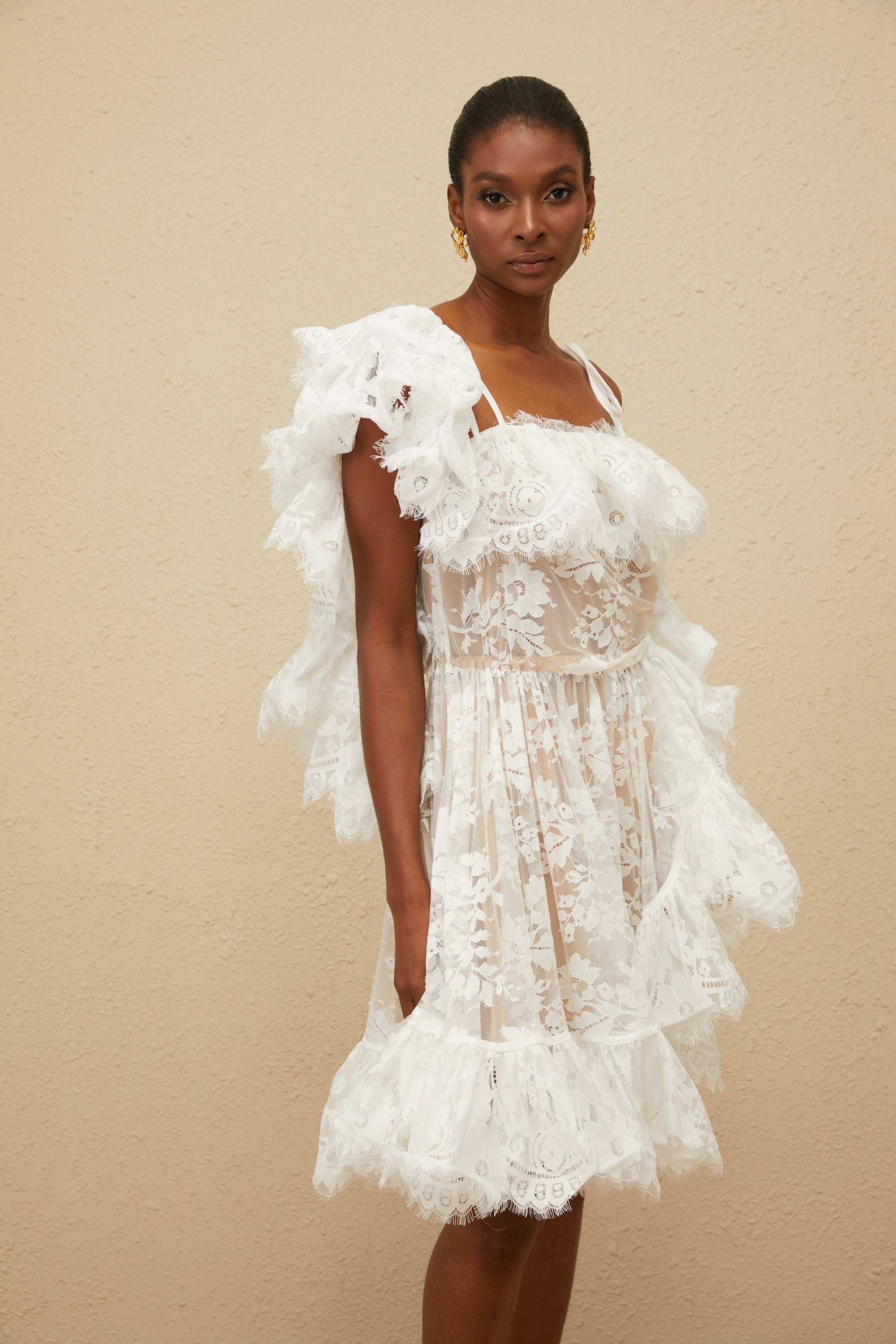 Nonchalante White Ruffled Floral Lace Mini Dress