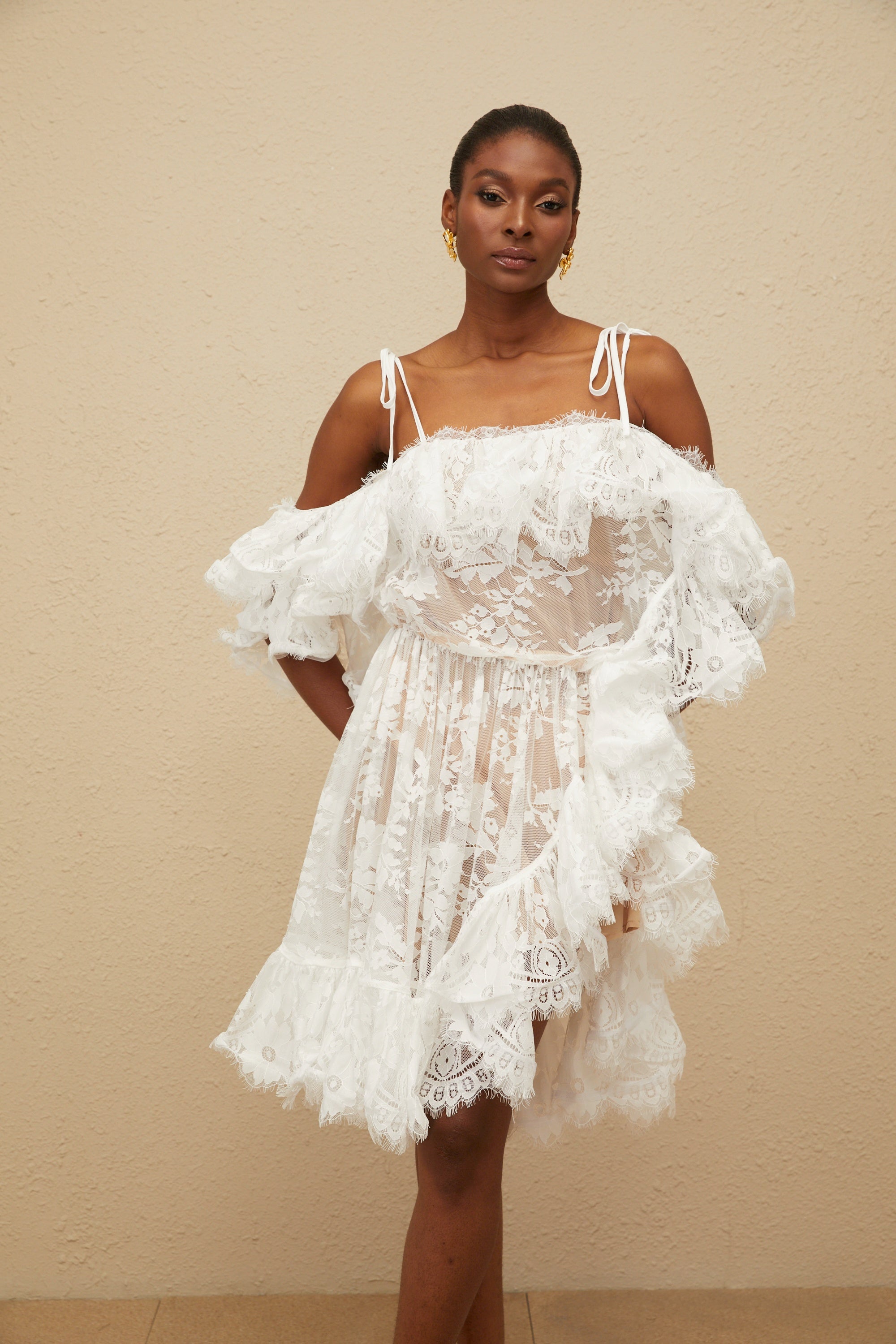 Nonchalante White Ruffled Floral Lace Mini Dress