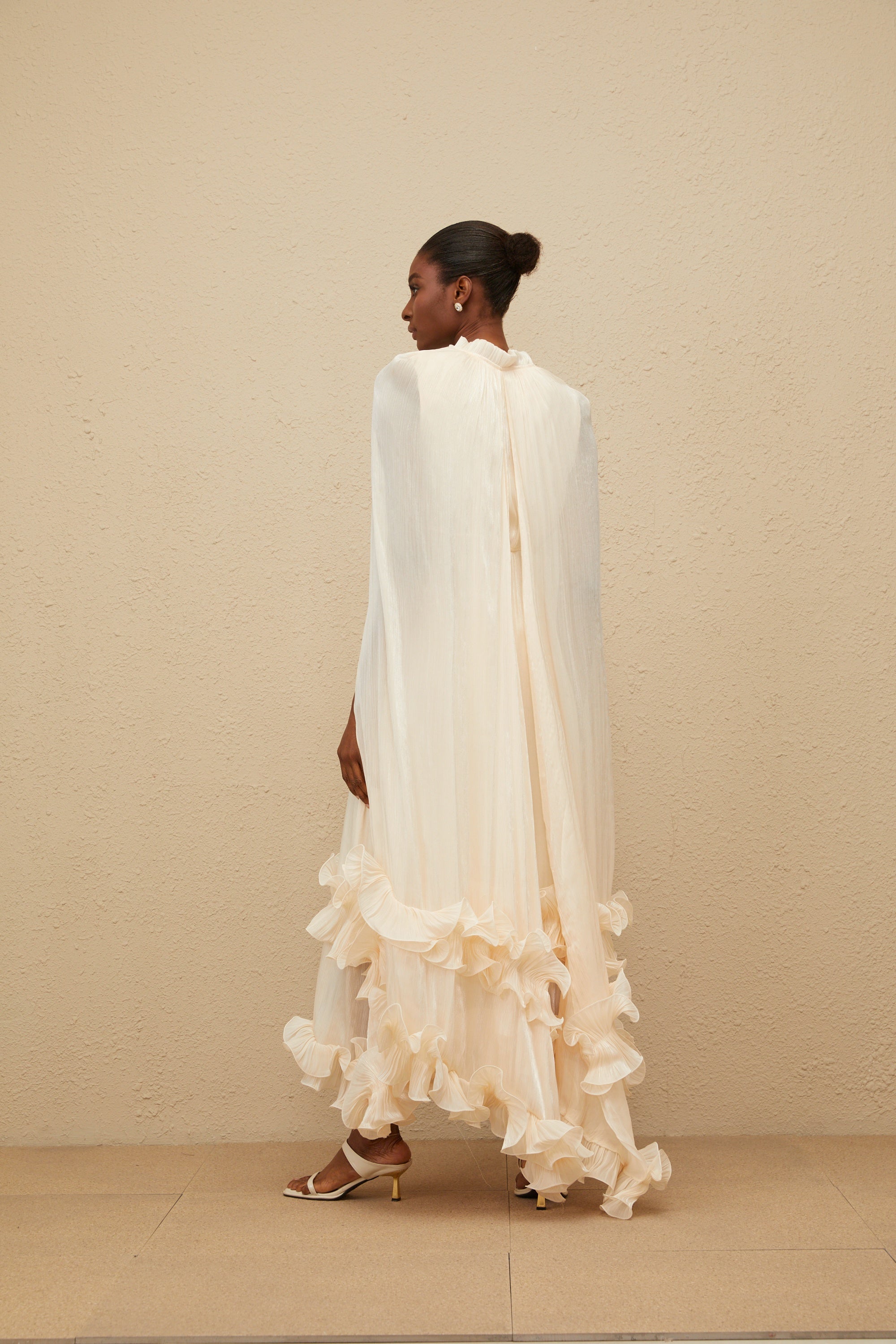 Intemporelle Neutral Cape Pleated Midi Dress