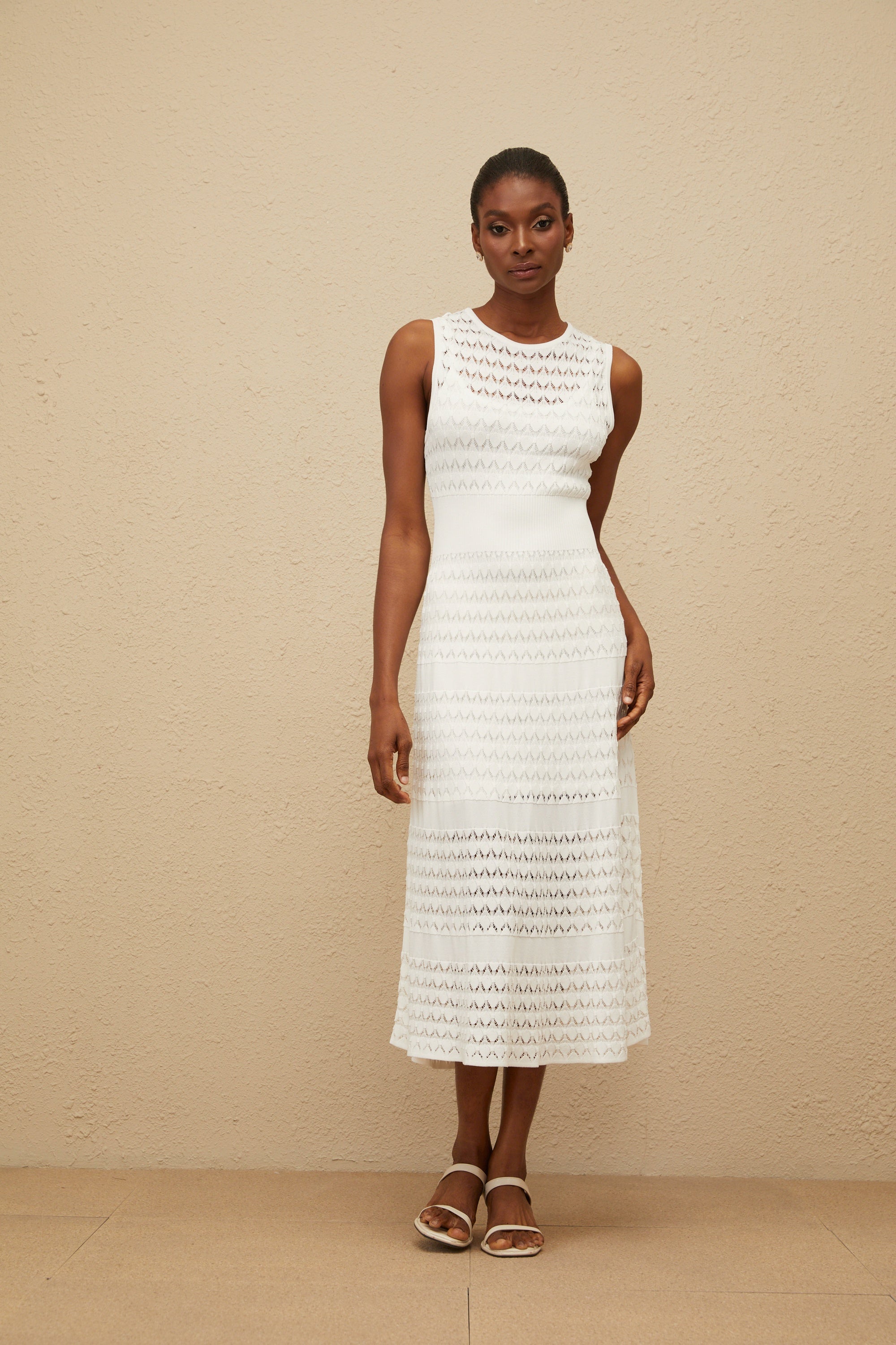 Clothilde White Shirred Crochet Knit Midi Dress